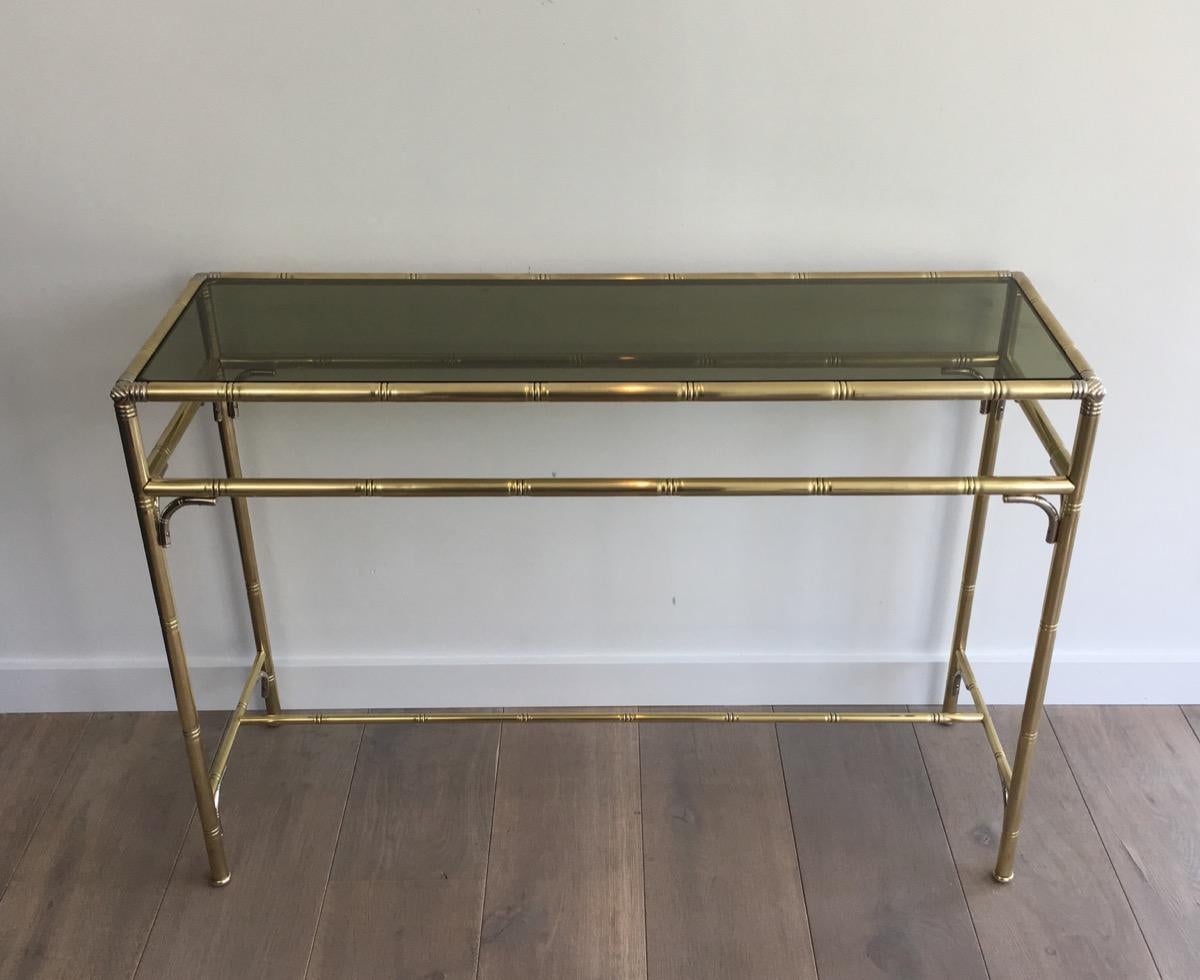 Faux-Bamboo Brass and Silvered Console Table with Smoked Glass 1