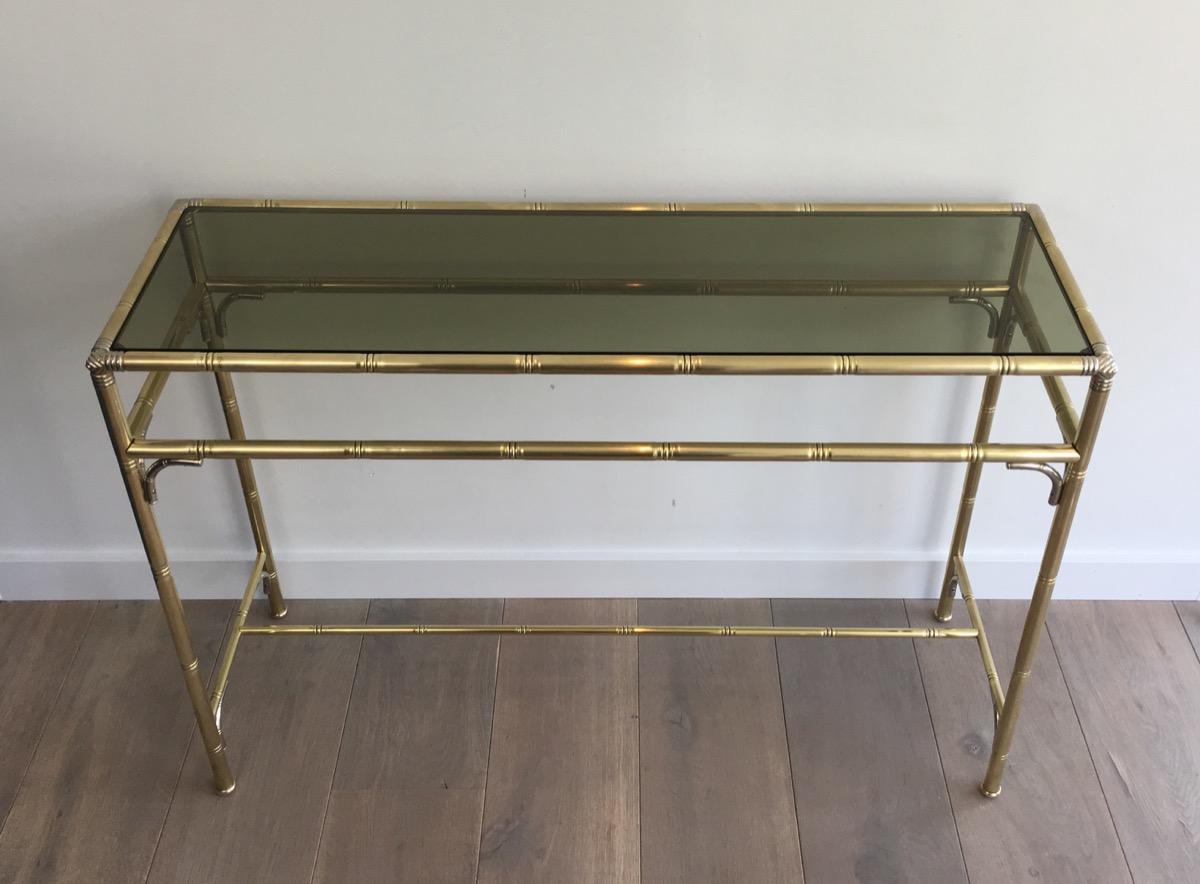 Faux-Bamboo Brass and Silvered Console Table with Smoked Glass 2