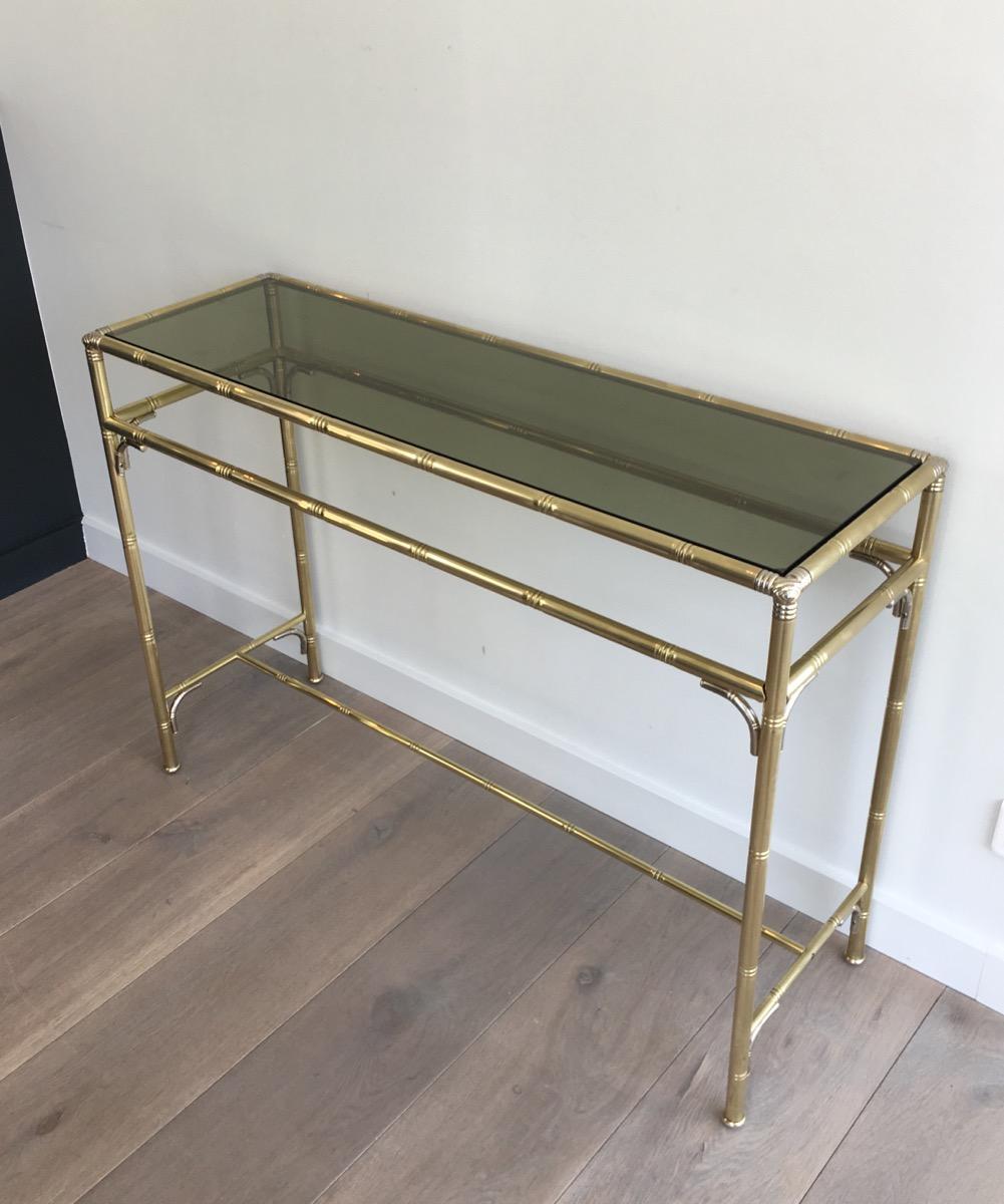 Faux-Bamboo Brass and Silvered Console Table with Smoked Glass 3