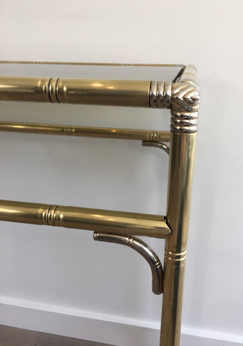 Faux-Bamboo Brass and Silvered Console Table with Smoked Glass 5