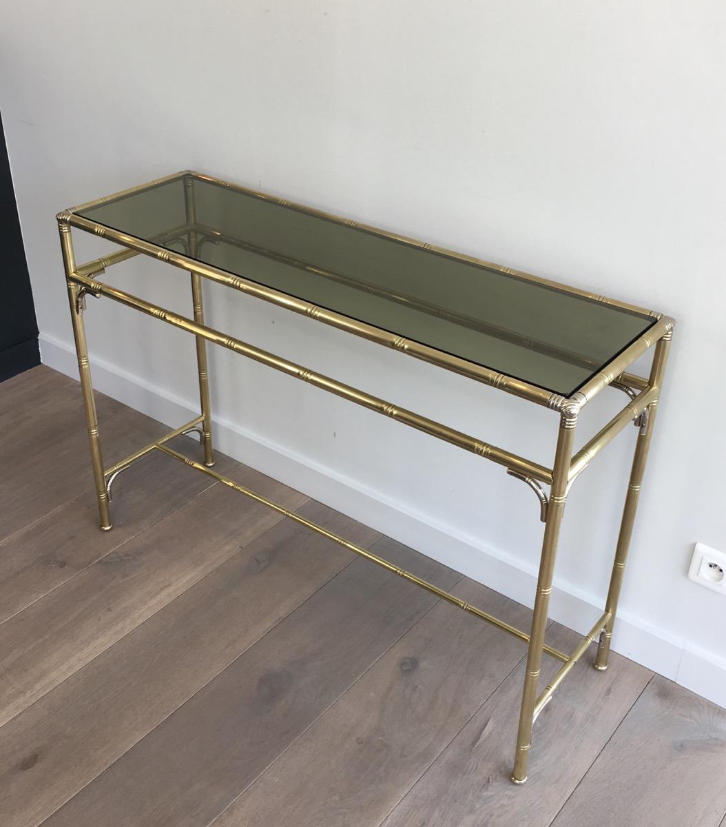 Faux-Bamboo Brass and Silvered Console Table with Smoked Glass 8