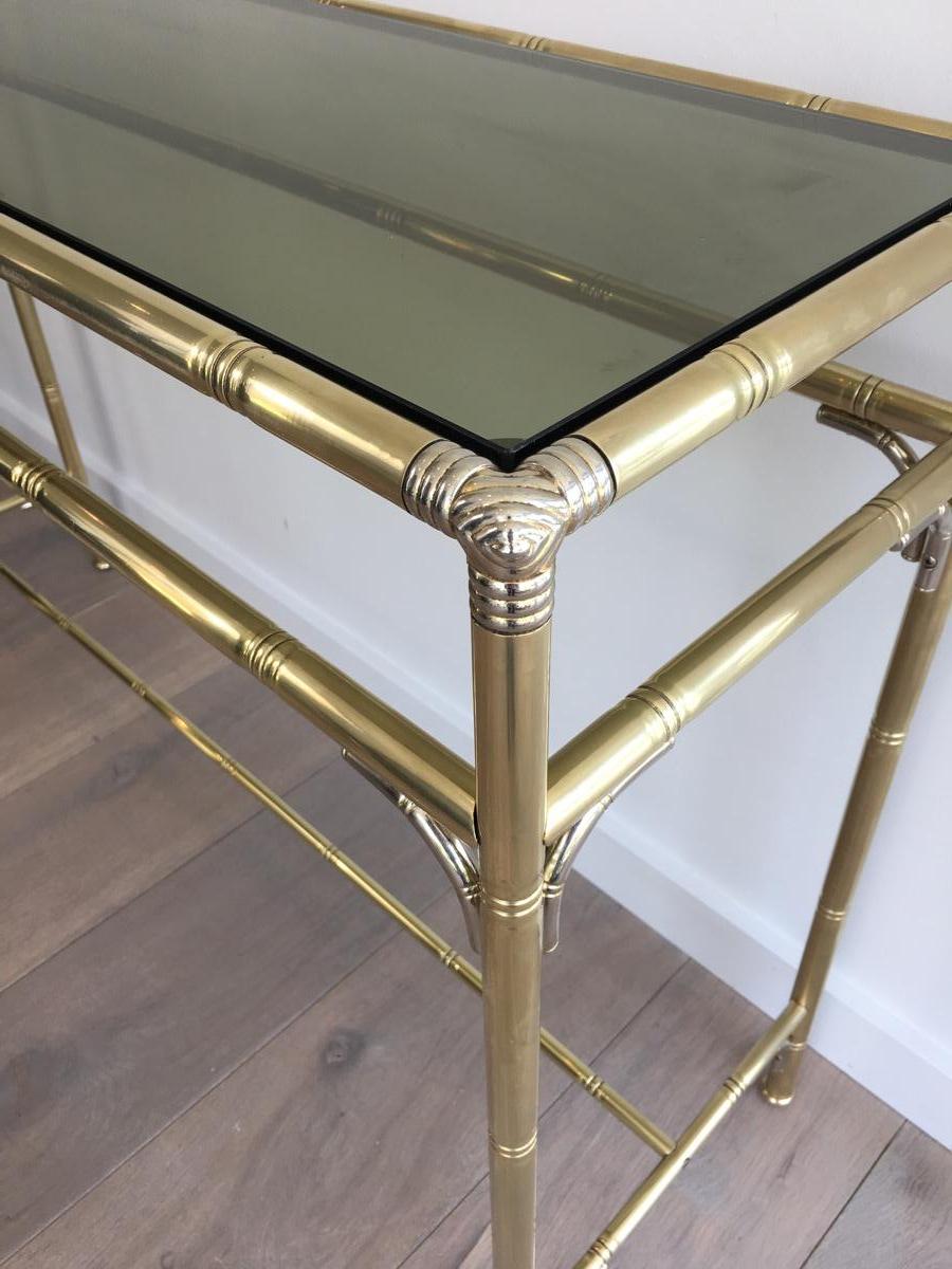 Neoclassical Faux-Bamboo Brass and Silvered Console Table with Smoked Glass