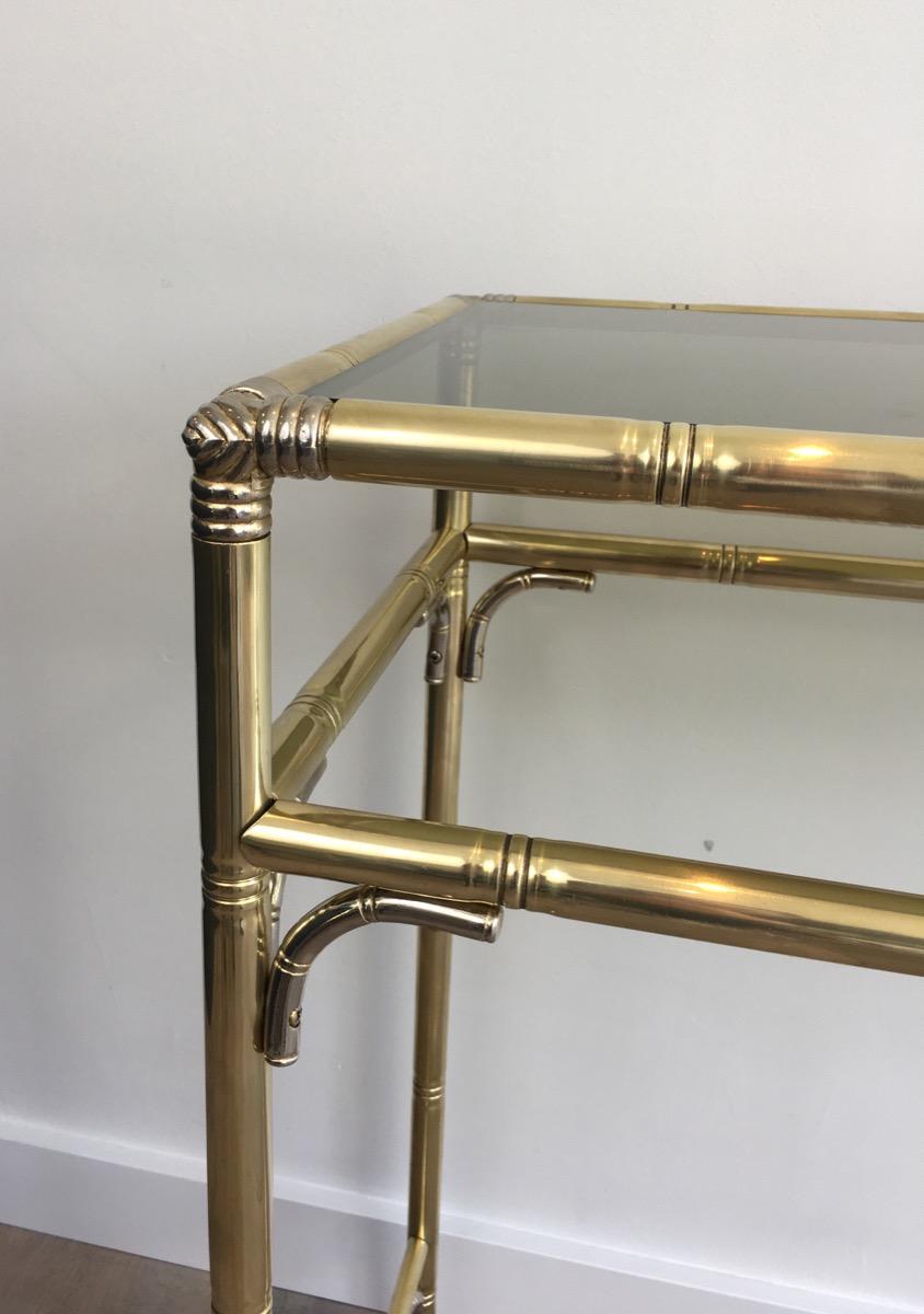 French Faux-Bamboo Brass and Silvered Console Table with Smoked Glass