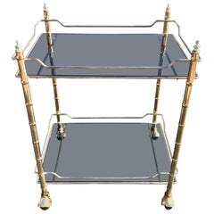 Faux Bamboo Brass and Smoked Glass Bar Cart