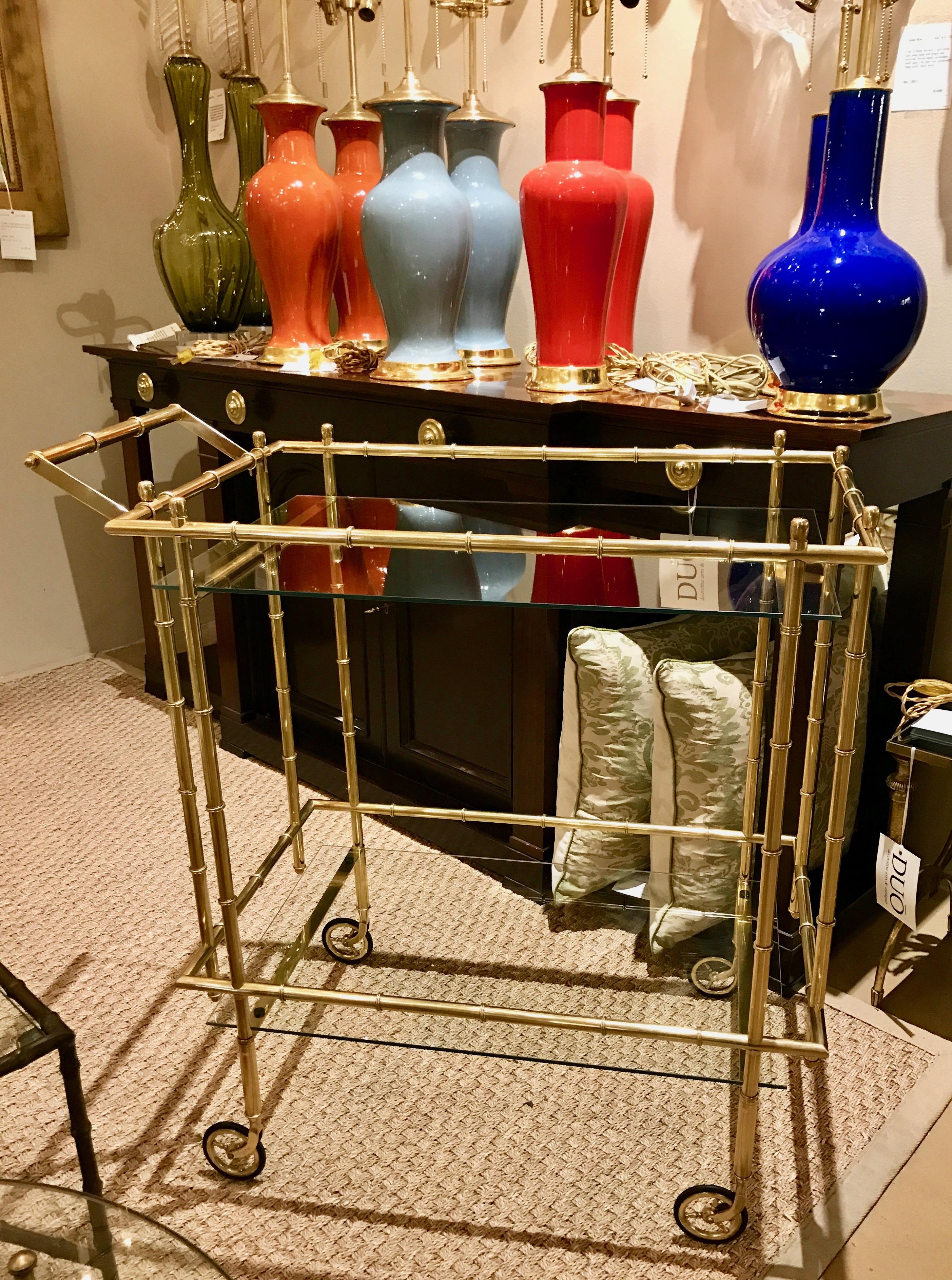 Faux Bamboo Brass Bar or Tea Cart in the Style of Baguès For Sale 4