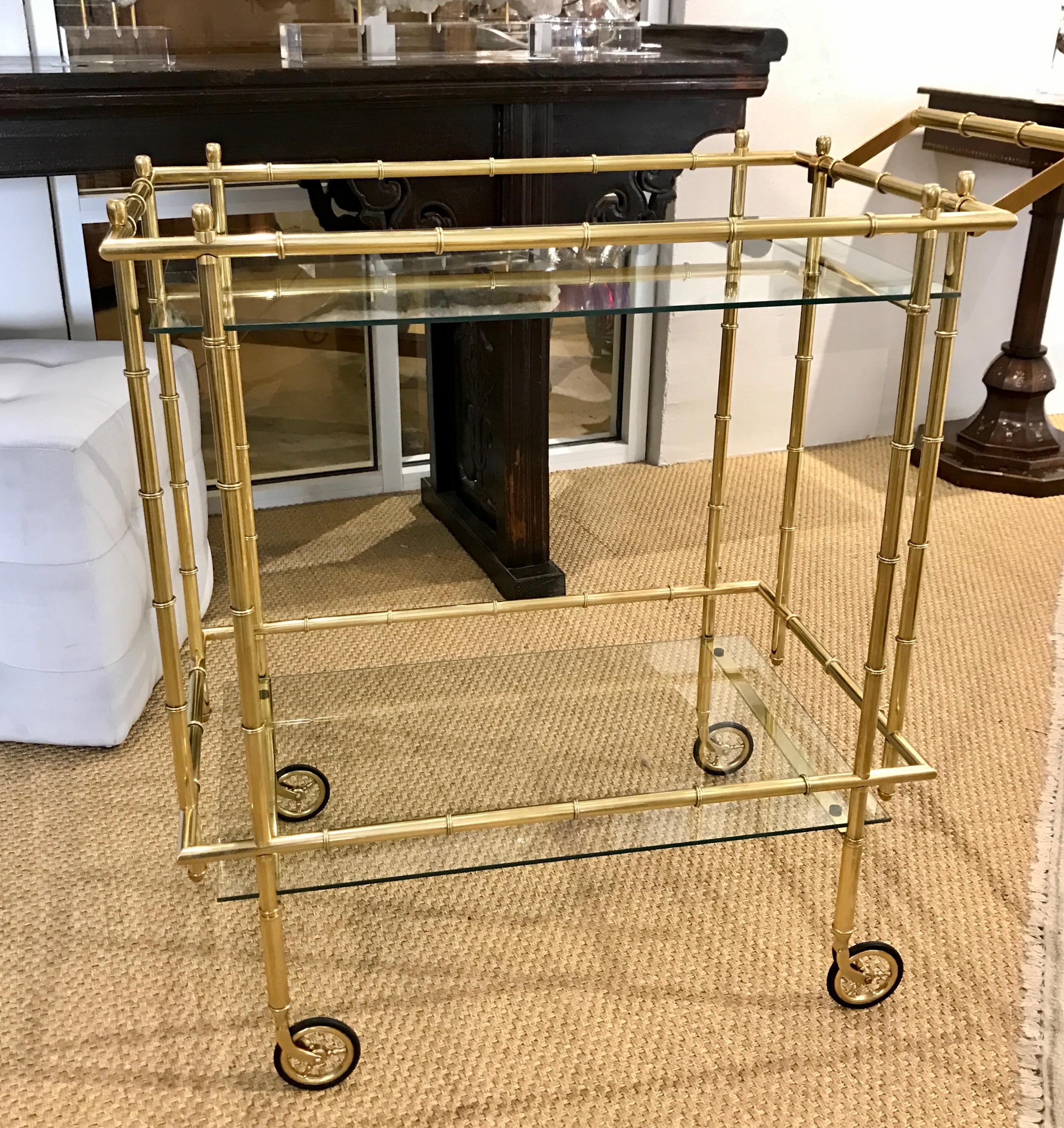 Italian Faux Bamboo Brass Bar or Tea Cart in the Style of Baguès For Sale