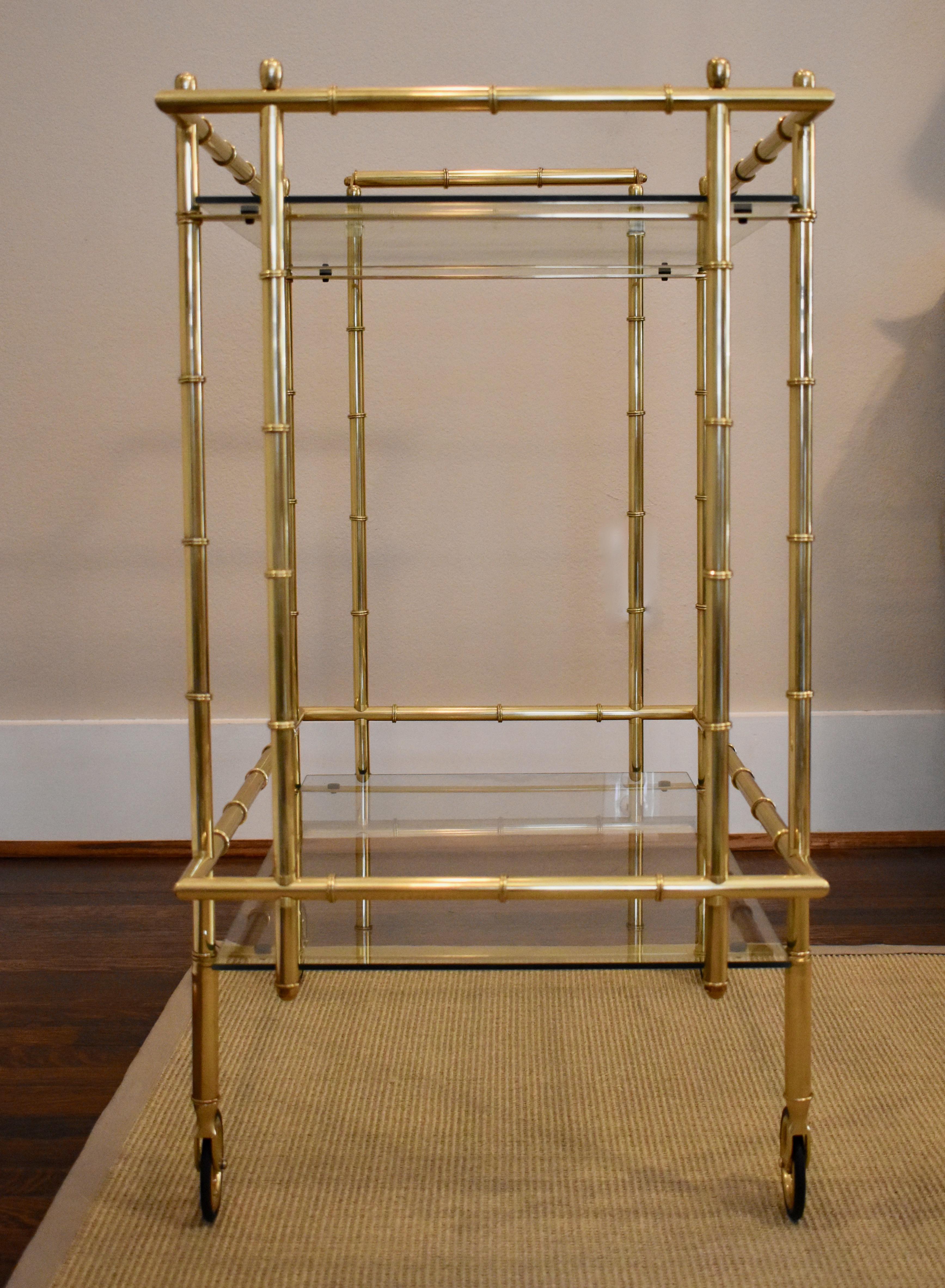 Mid-20th Century Faux Bamboo Brass Bar or Tea Cart in the Style of Baguès For Sale