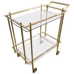 Faux Bamboo Brass Bar or Tea Cart in the Style of Baguès