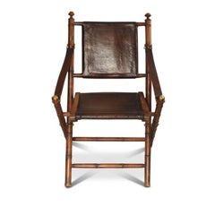 Faux Bamboo, Brass & Brown Leather Folding Campaign Safari Chair