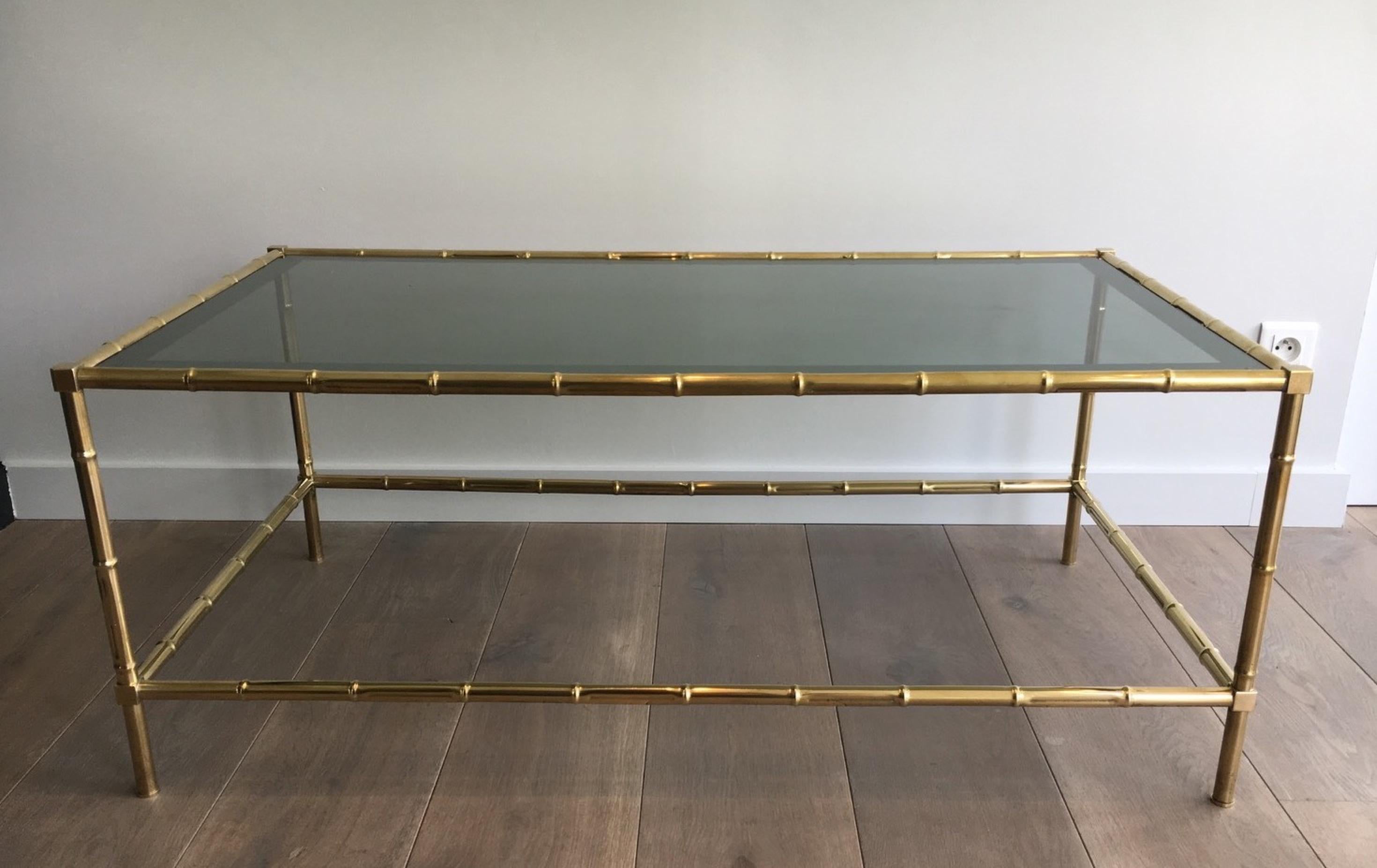 FauxBamboo Brass Coffee Table with Blueish Glass Top at 1stDibs