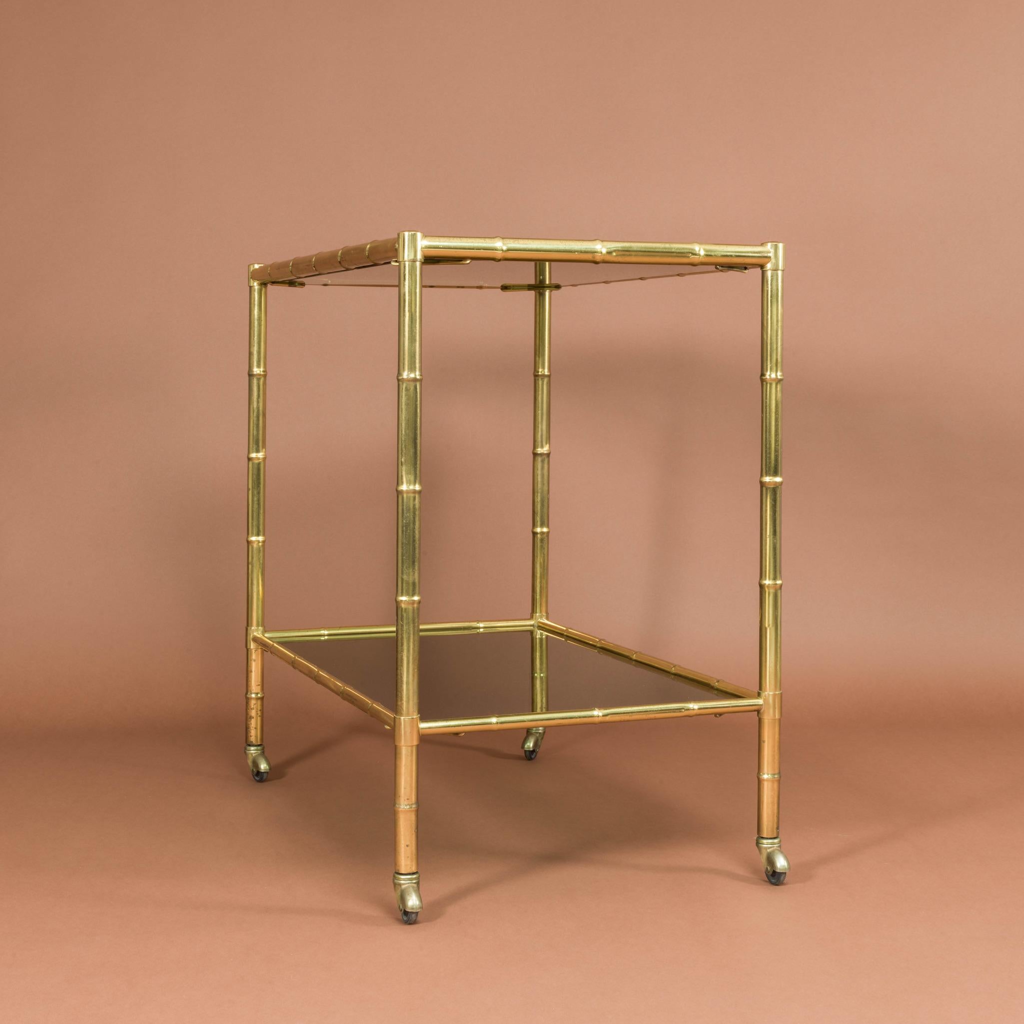 European Faux Bamboo Brass Drinks Trolley, Circa 1960 For Sale