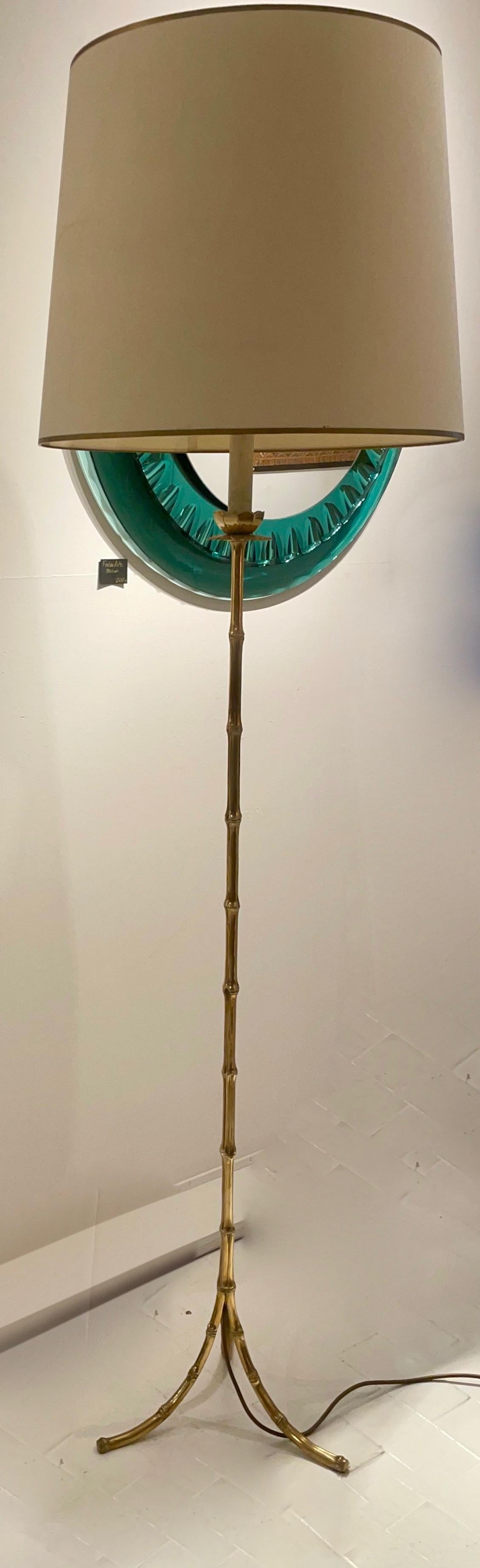 Faux Bamboo Brass Floor Lamp with A Lotus Flower on Top by Maison Baguès, France For Sale 1
