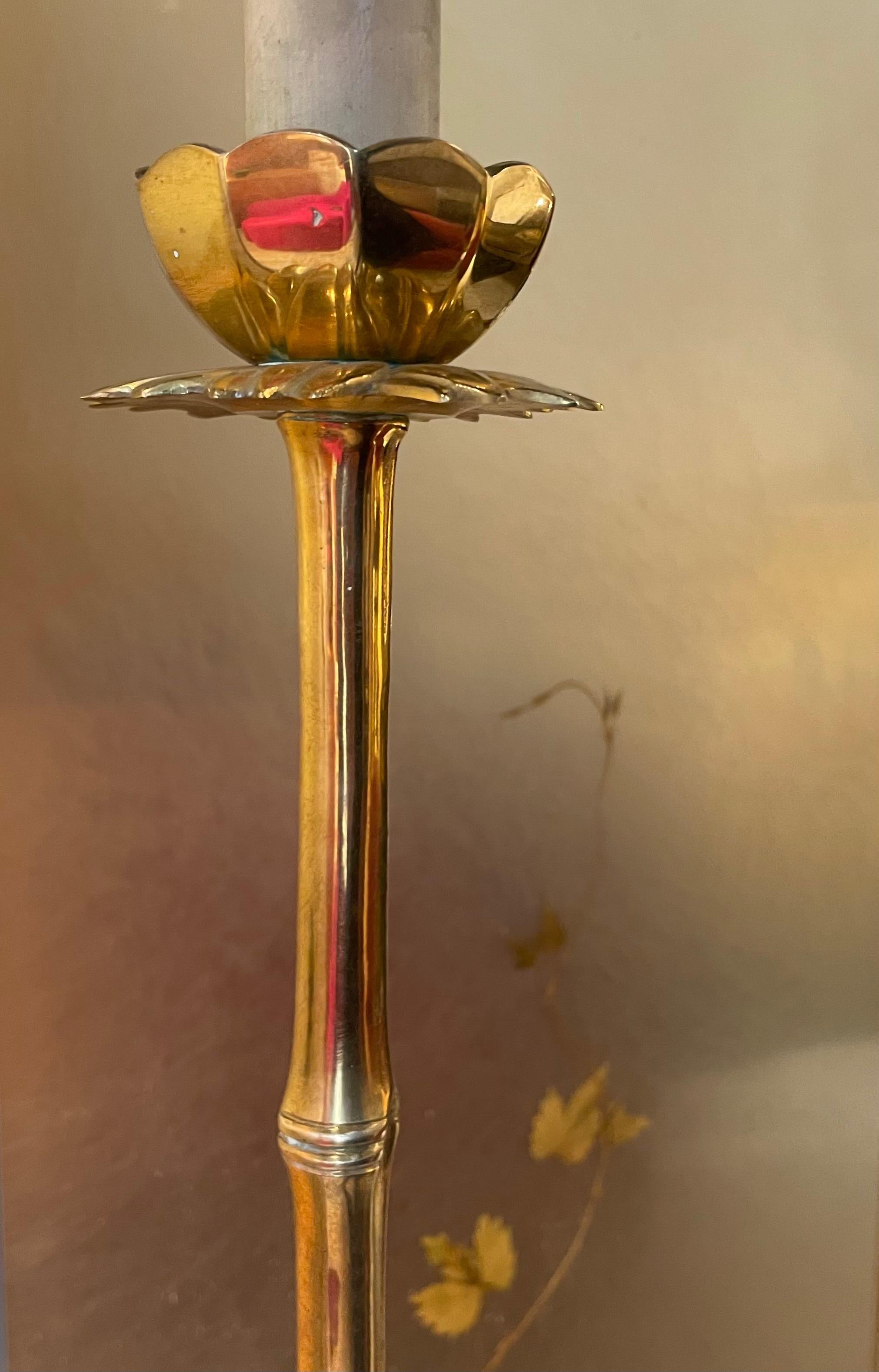 Faux Bamboo Brass Floor Lamp with A Lotus Flower on Top by Maison Baguès, France For Sale 2