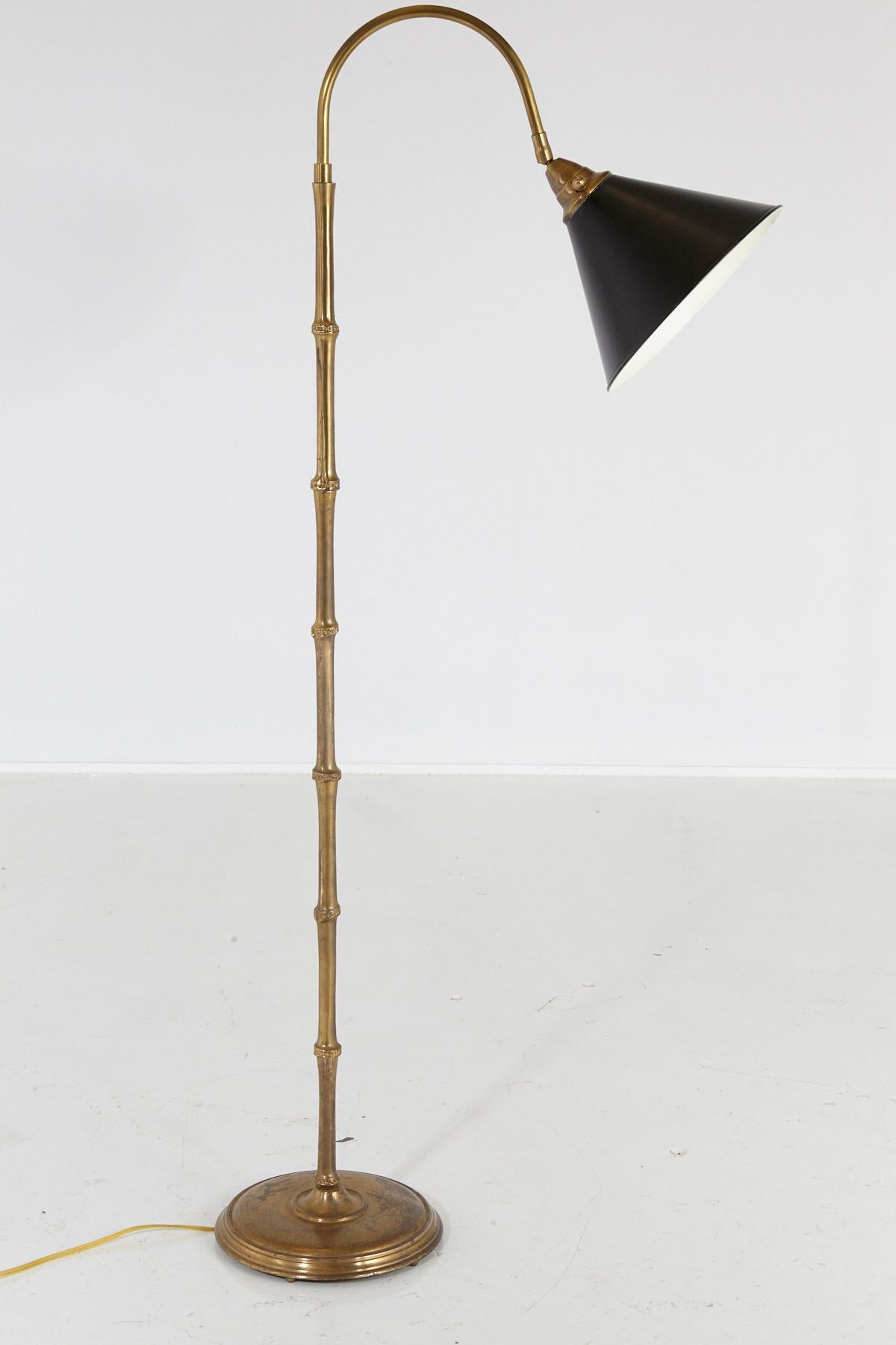 Painted Faux Bamboo Brass Floor Lamp with Adjustable Black Metal Shade For Sale
