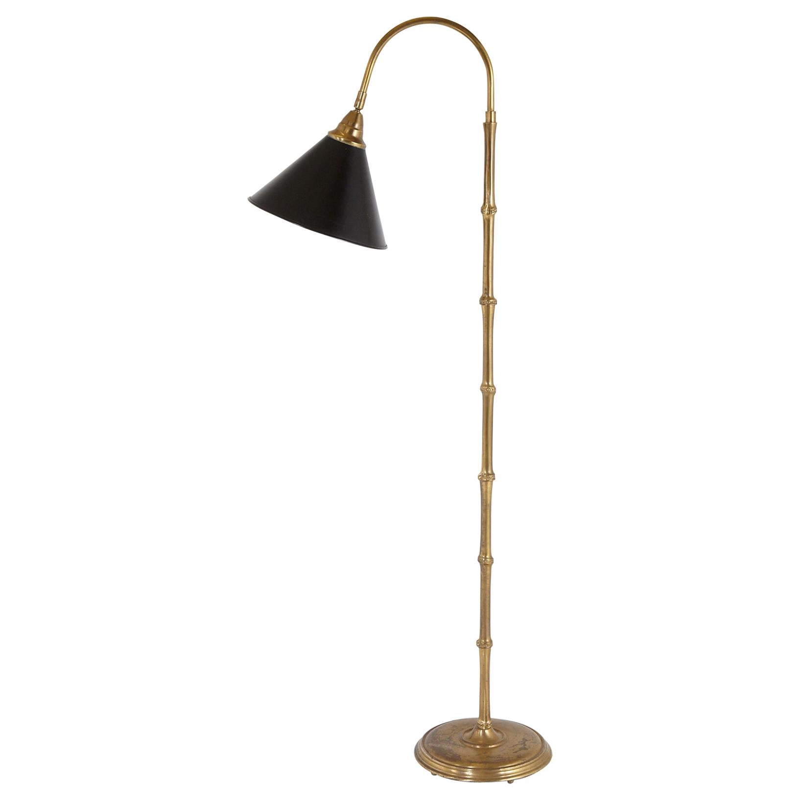 Faux Bamboo Brass Floor Lamp with Adjustable Black Metal Shade For Sale