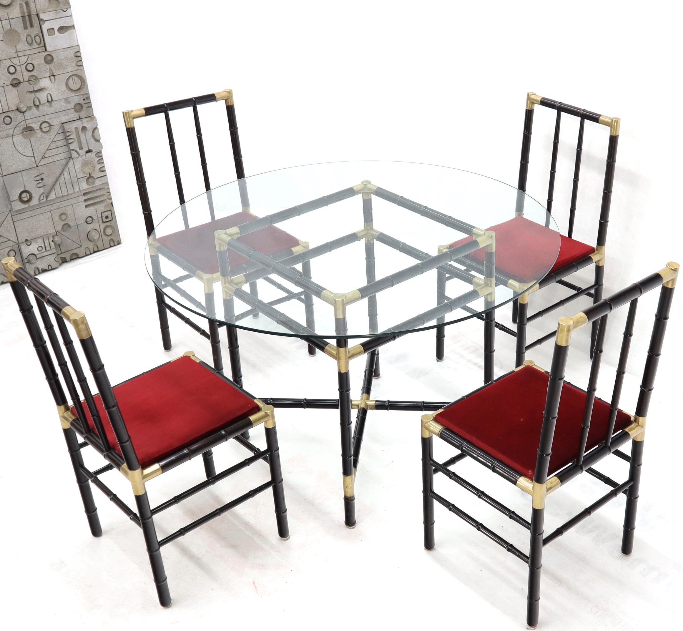 American Faux Bamboo Brass Glass Dining Game Table Set with 4 Chairs Billy Haines For Sale