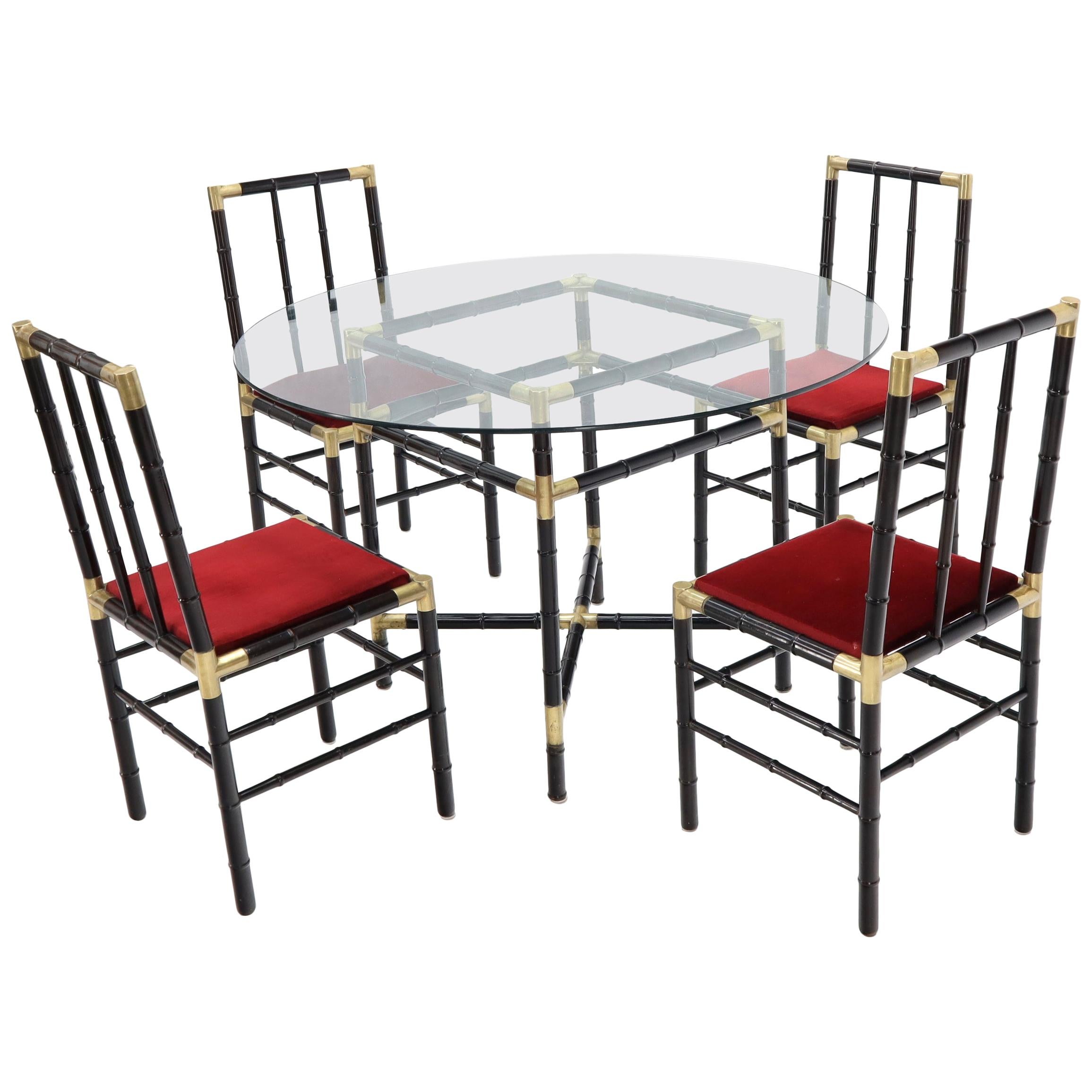 Faux Bamboo Brass Glass Dining Game Table Set with 4 Chairs Billy Haines