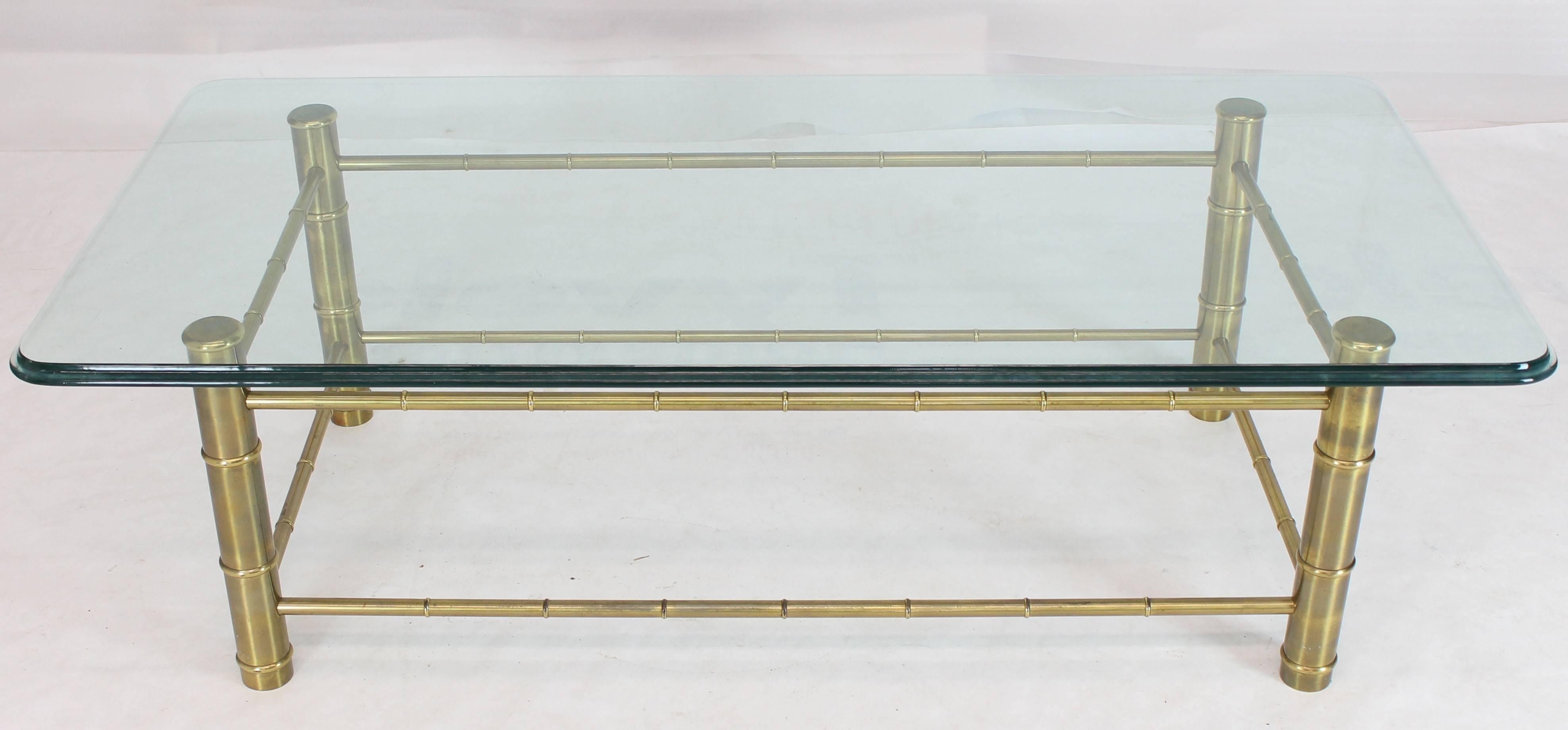 Polished Faux Bamboo Brass and Glass Rectangular Coffee Table For Sale