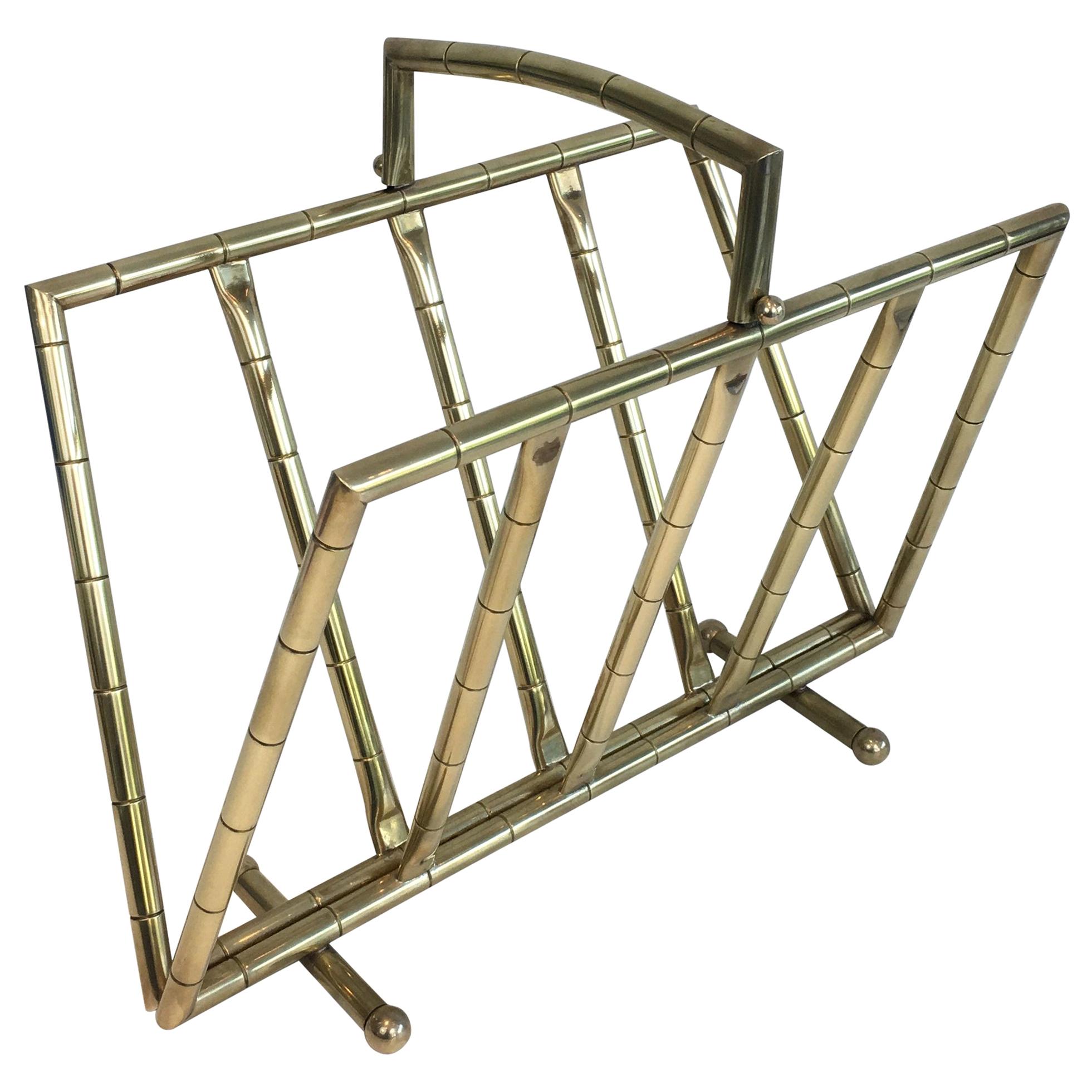 Faux-Bamboo Brass Magazine Rack in the Style of Jacques Adnet For Sale