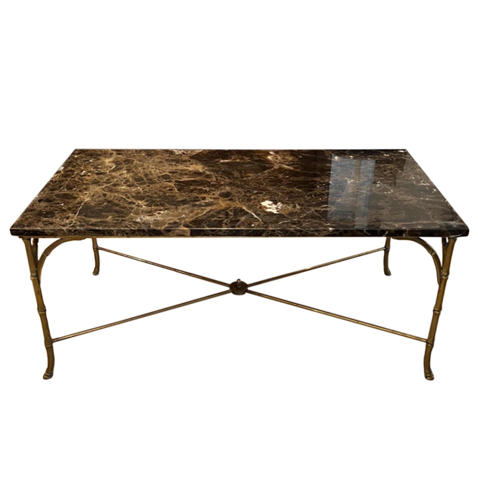 Mid-Century Modern Faux Bamboo Brass Mid Century Coffee Table With Marble Top For Sale