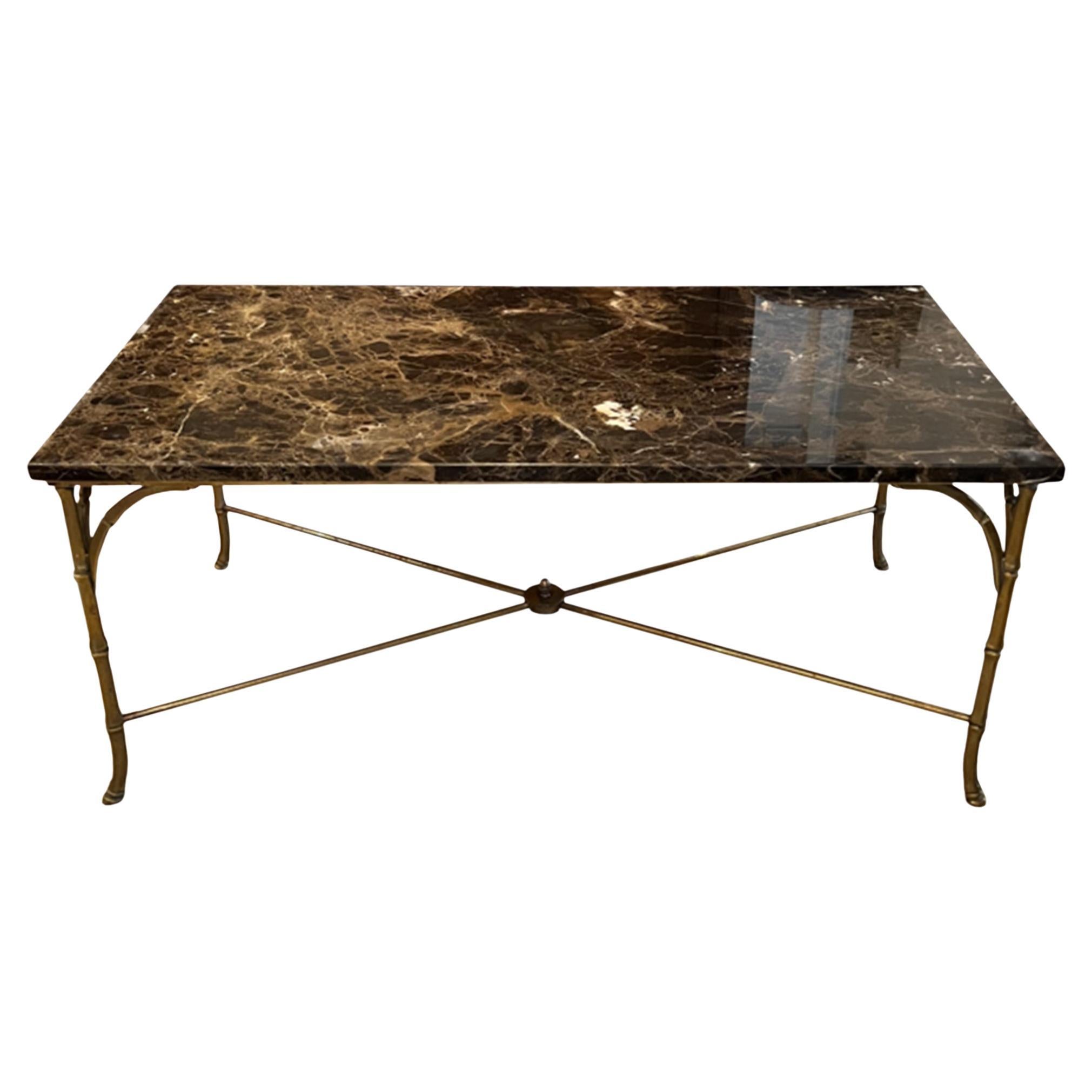 Faux Bamboo Brass Mid Century Coffee Table With Marble Top