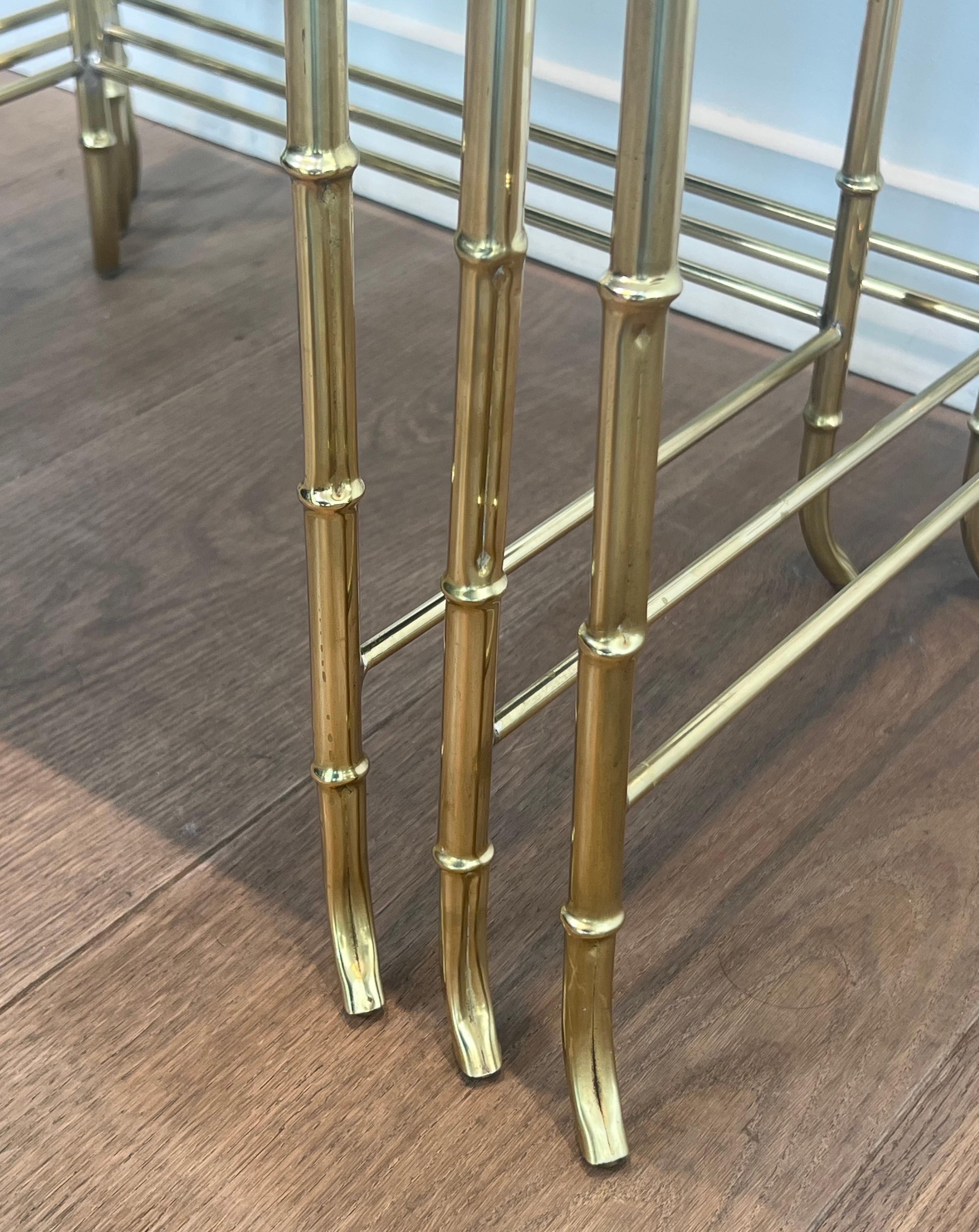 Faux-Bamboo Brass Nesting Tables with Eglomized Mirror Tops By Maison Baguès For Sale 5