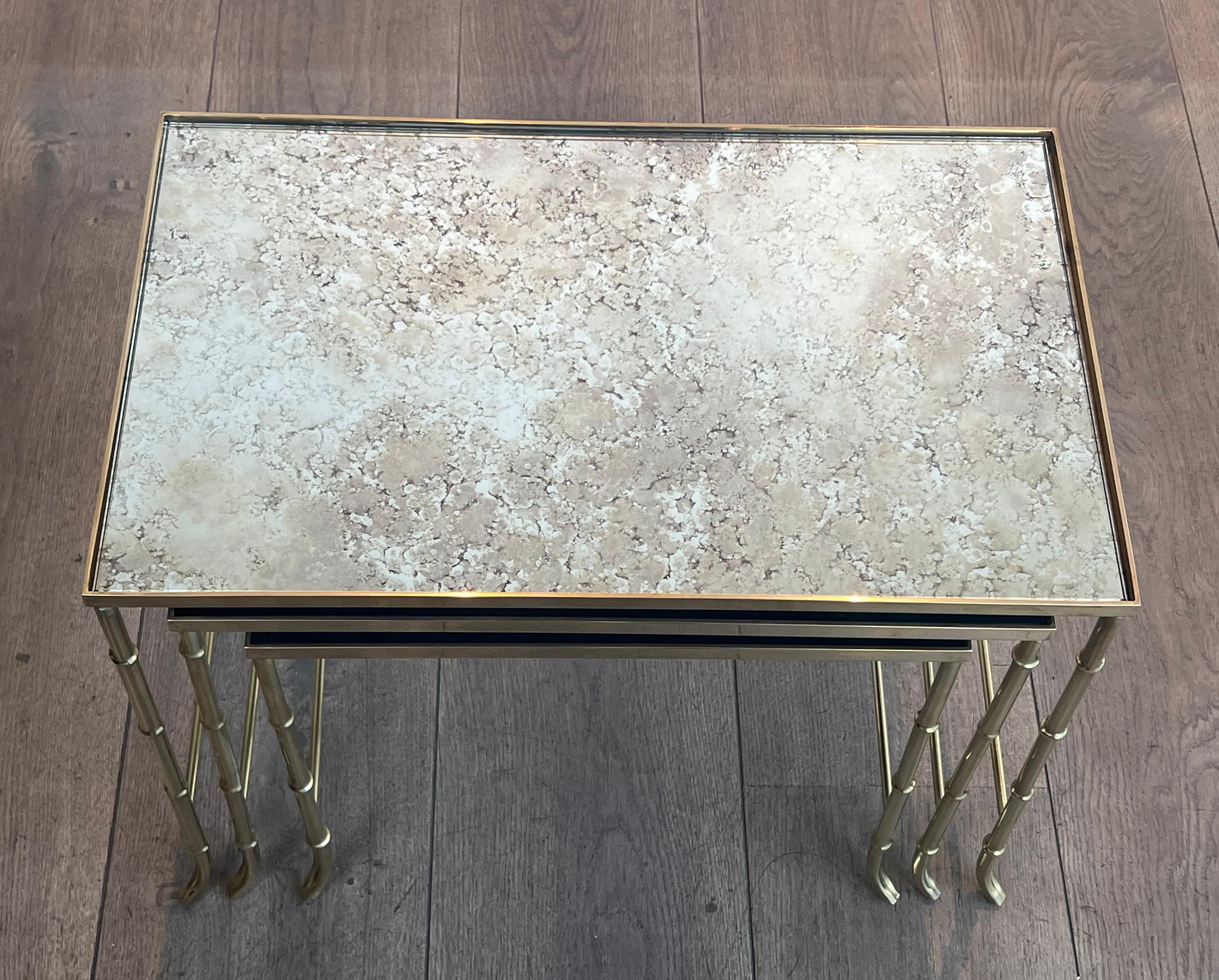 Faux-Bamboo Brass Nesting Tables with Eglomized Mirror Tops By Maison Baguès For Sale 7