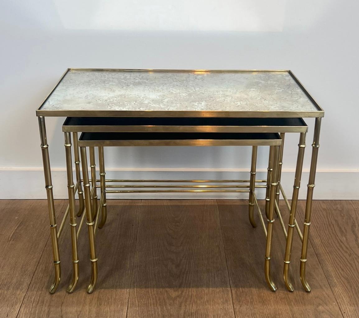 Faux-Bamboo Brass Nesting Tables with Eglomized Mirror Tops By Maison Baguès For Sale 12