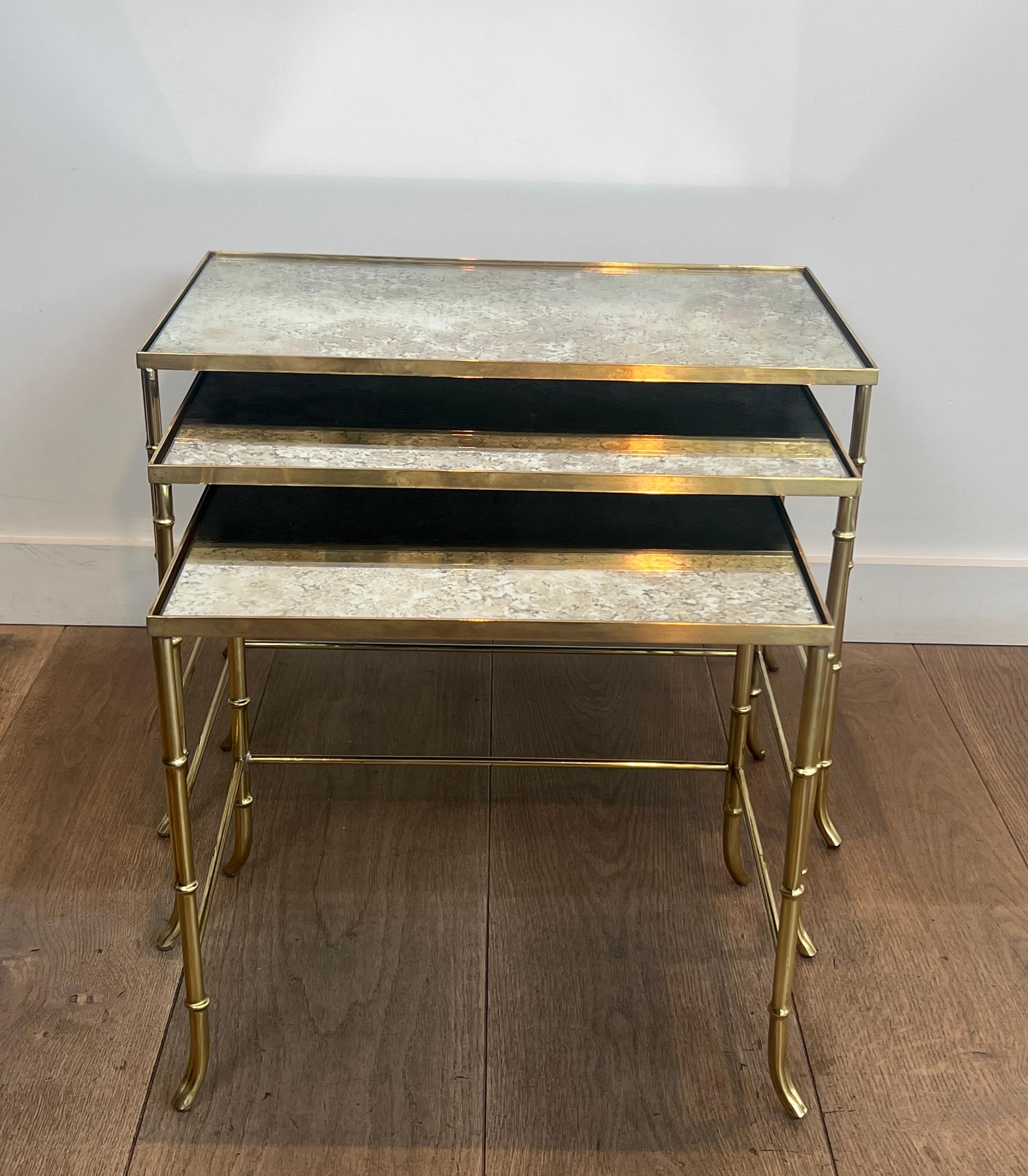 Faux-Bamboo Brass Nesting Tables with Eglomized Mirror Tops By Maison Baguès For Sale 13