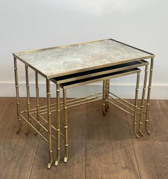 Faux-Bamboo Brass Nesting Tables with Eglomized Mirror Tops By Maison Baguès