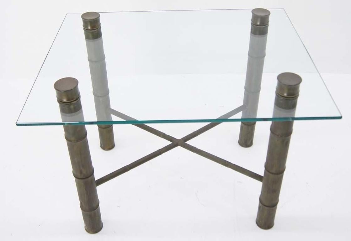 Metal Faux Bamboo Brass X Base Square Glass Top Coffee Table Mid Century Modern For Sale