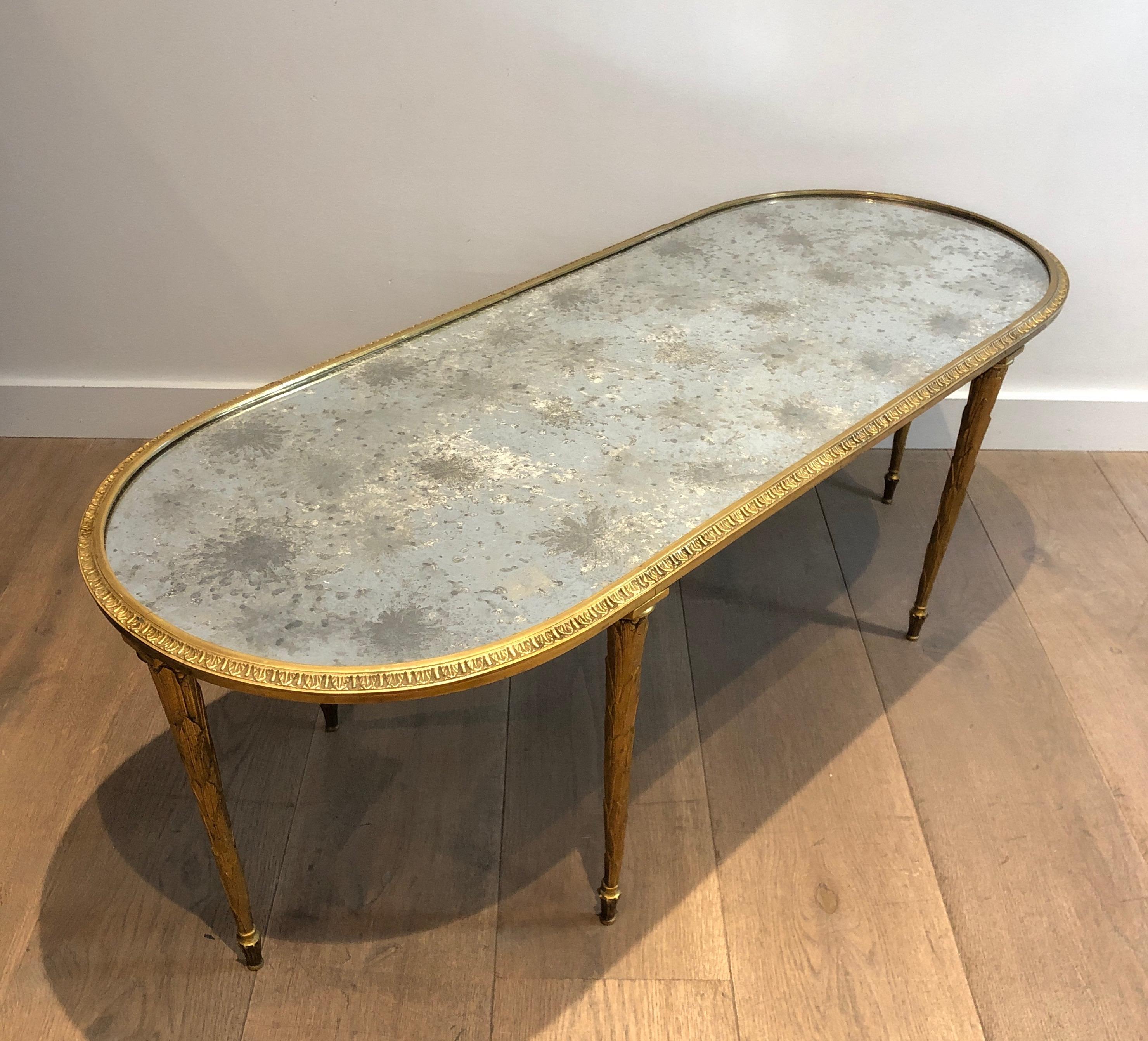 Faux-Bamboo Bronze Coffee Table with Eglomised Mirror Top by Maison Baguès 6