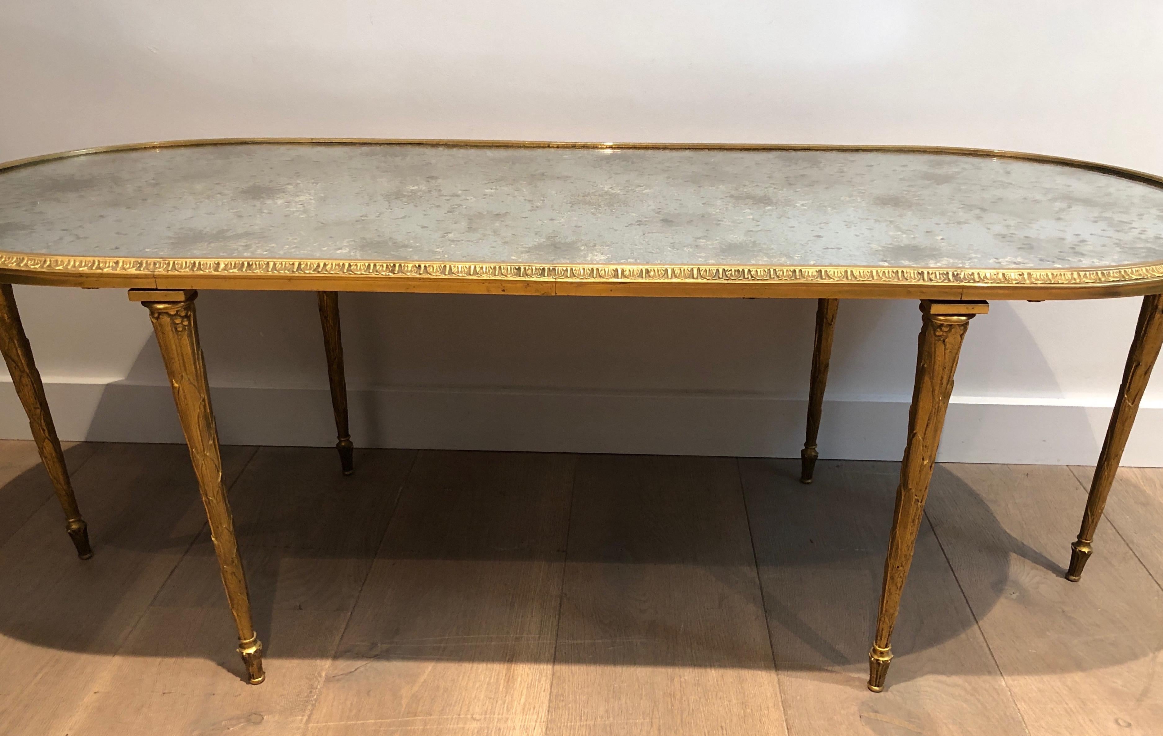 Faux-Bamboo Bronze Coffee Table with Eglomised Mirror Top by Maison Baguès 9