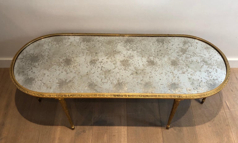 Mid-Century Modern Faux-Bamboo Bronze Coffee Table with Eglomised Mirror Top by Maison Baguès