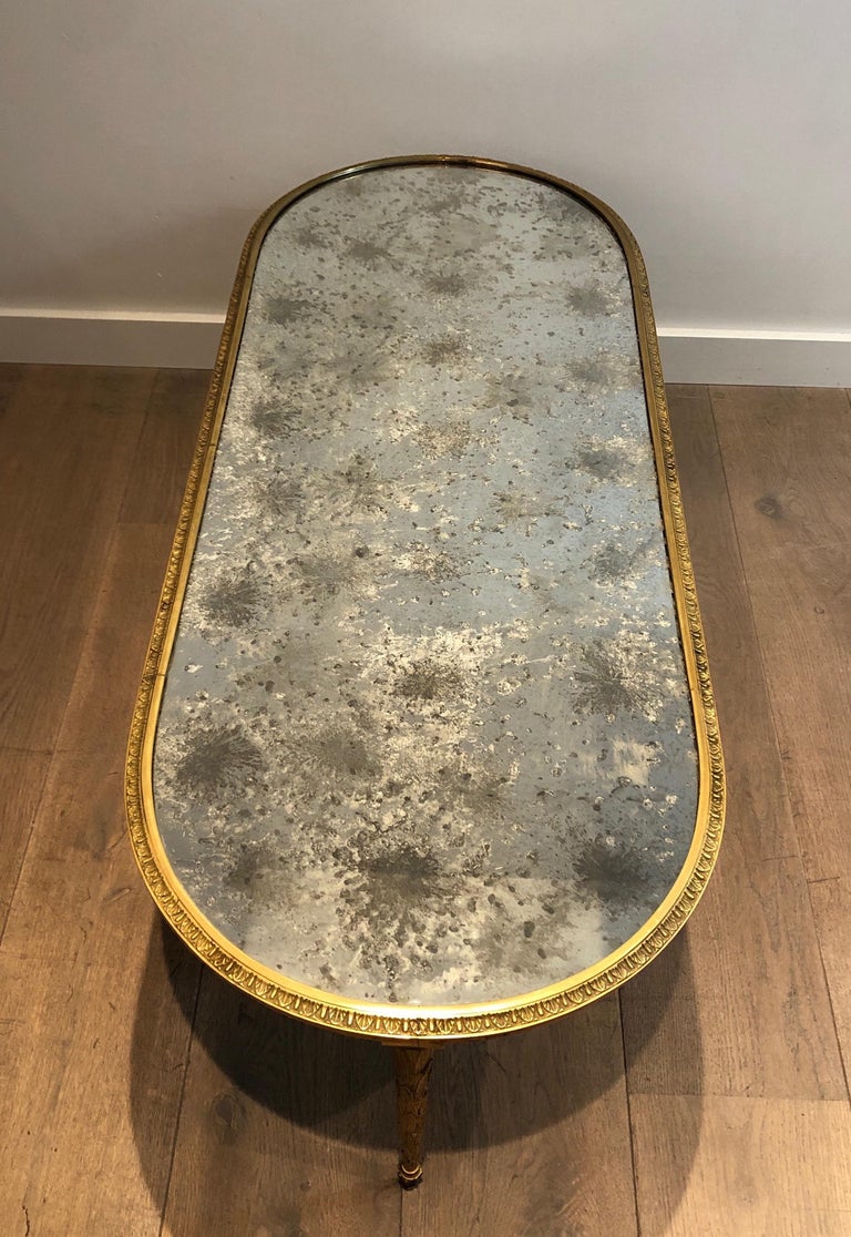 French Faux-Bamboo Bronze Coffee Table with Eglomised Mirror Top by Maison Baguès