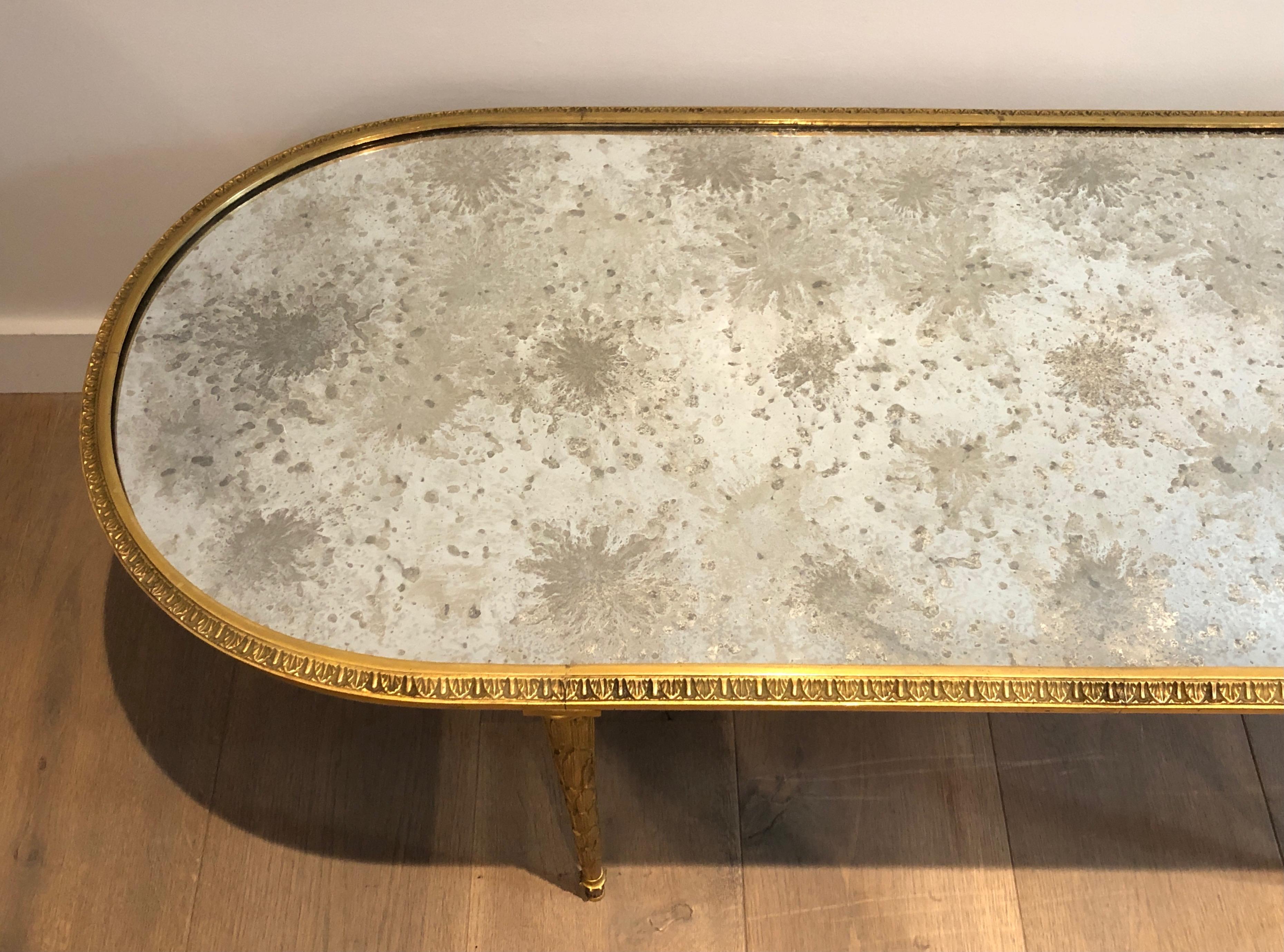 Faux-Bamboo Bronze Coffee Table with Eglomised Mirror Top by Maison Baguès In Good Condition In Marcq-en-Barœul, Hauts-de-France