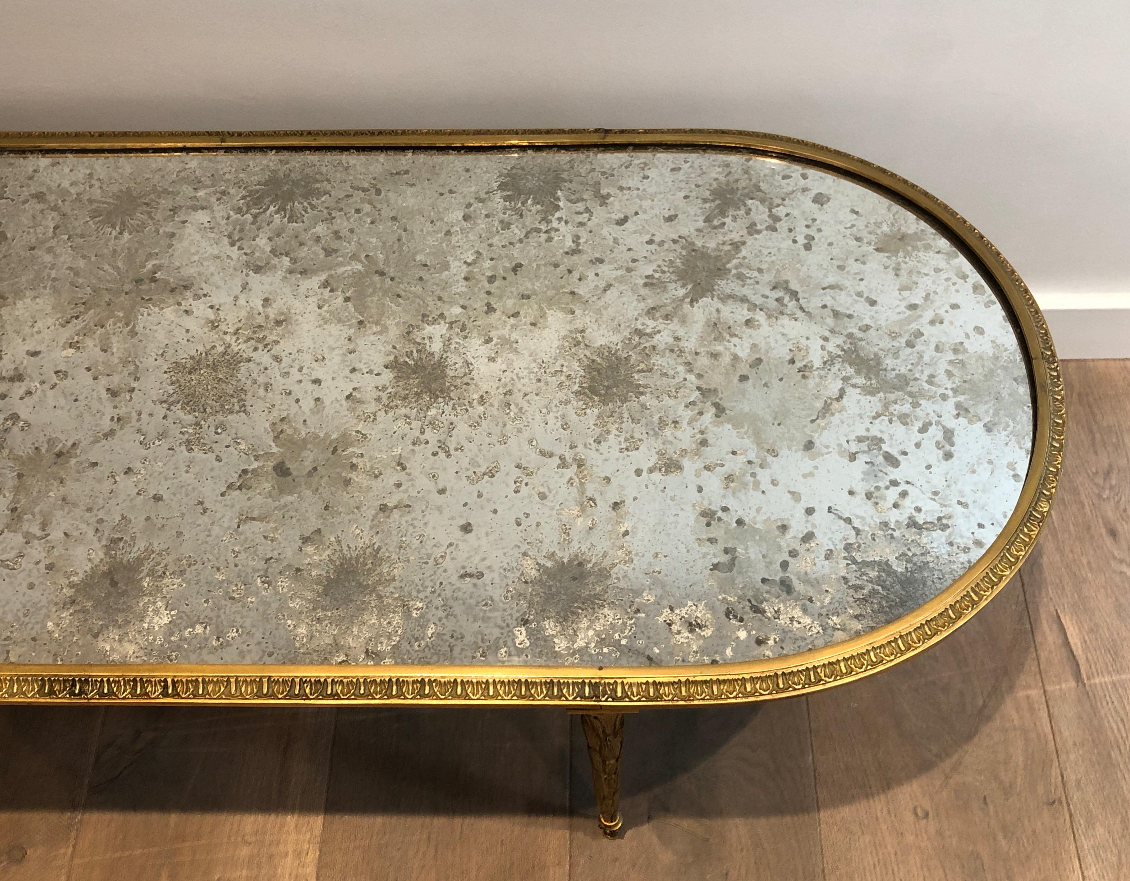 Faux-Bamboo Bronze Coffee Table with Eglomised Mirror Top by Maison Baguès 1