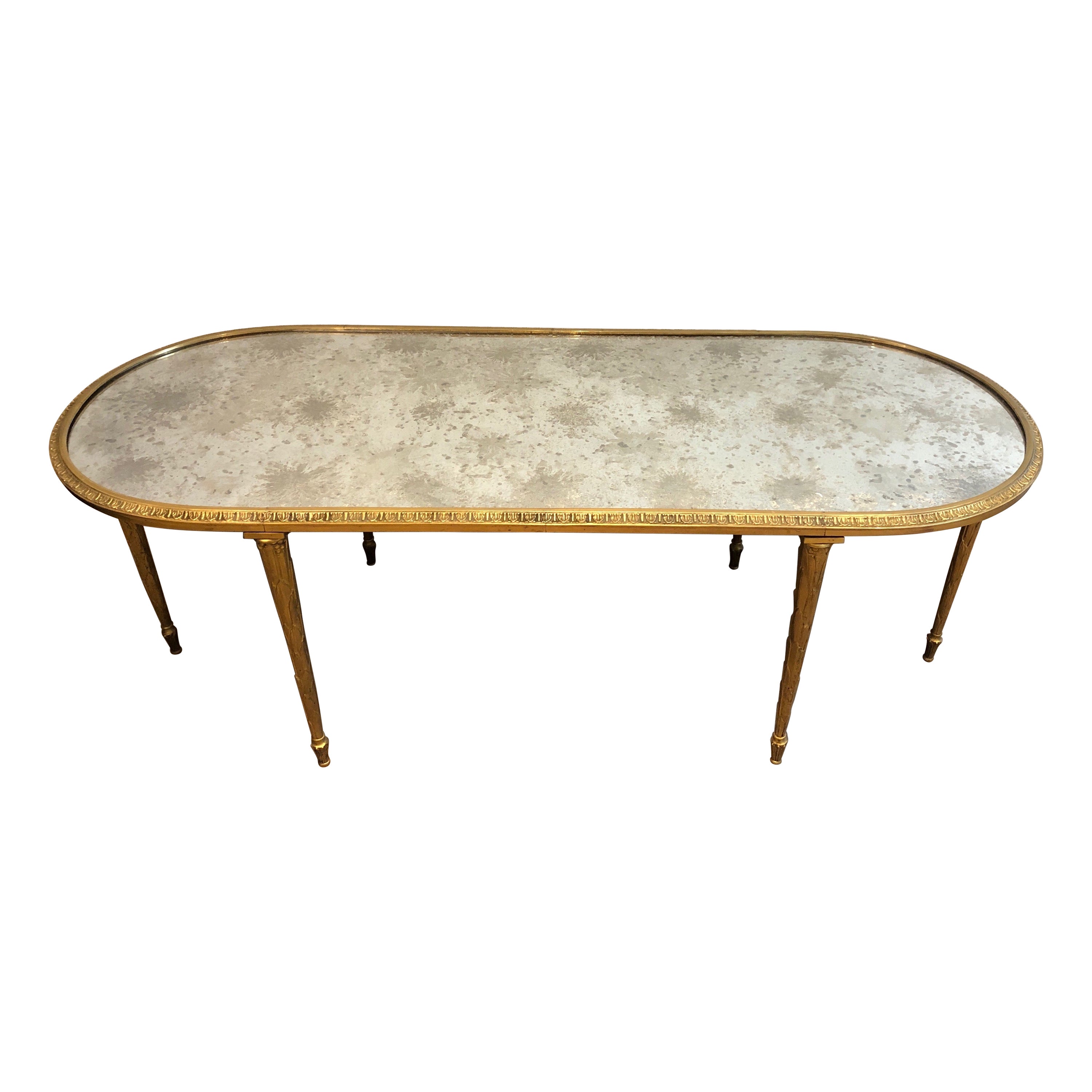 Faux-Bamboo Bronze Coffee Table with Eglomised Mirror Top by Maison Baguès