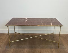 Faux-Bamboo Bronze Coffee Table with Red Marble Top by Maison Bagués
