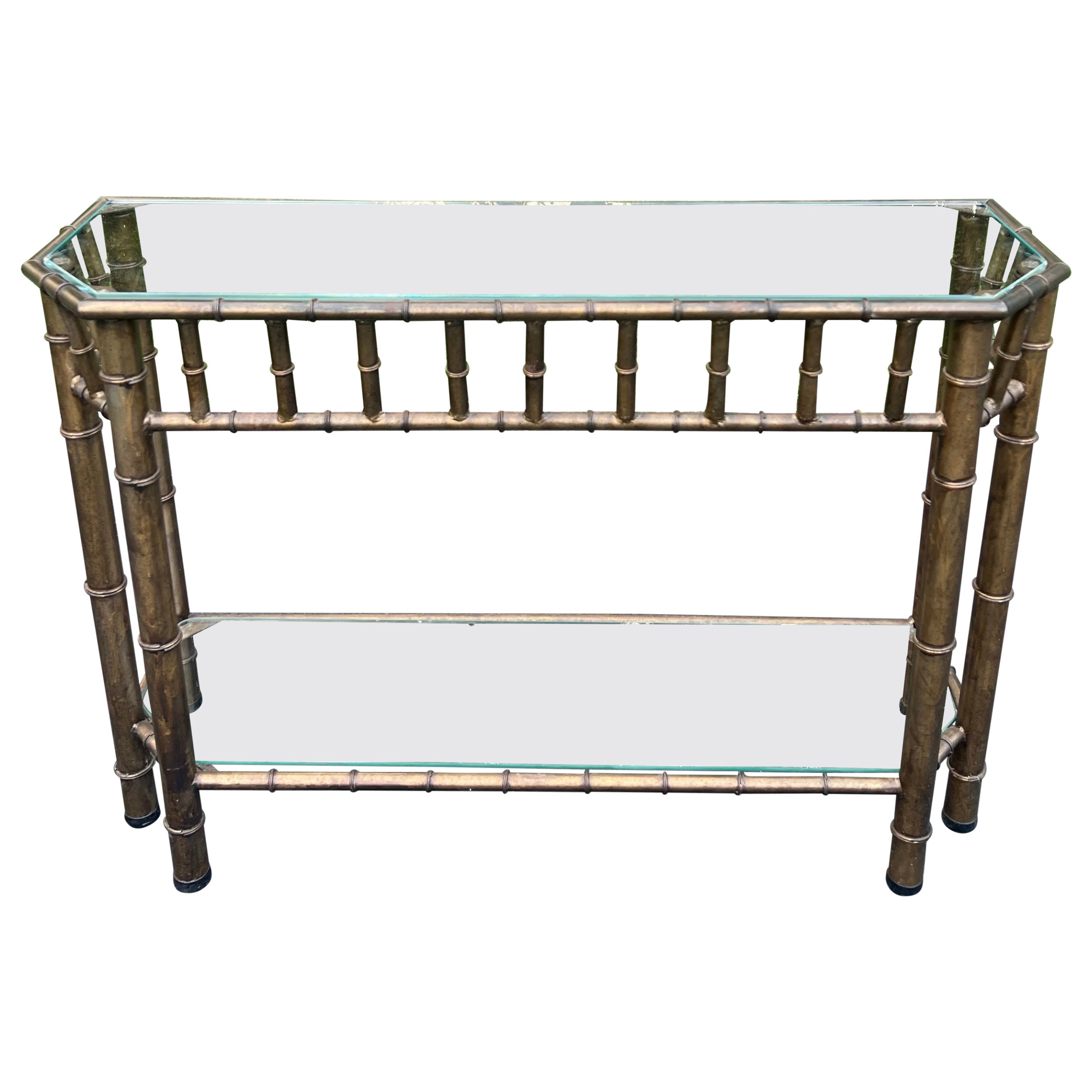 Faux Bamboo Bronze Metal And Glass Sofa Table For Sale