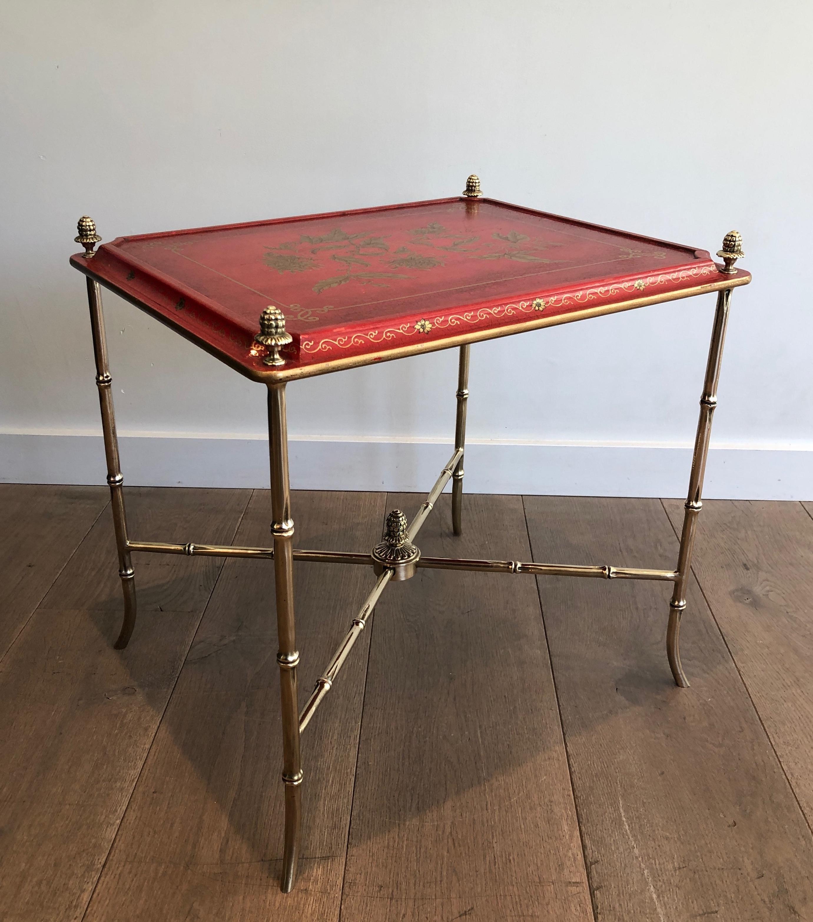 Faux-Bamboo Bronze Side Table with Red Lacquered and Gilt Decor Top, circa 1940 3