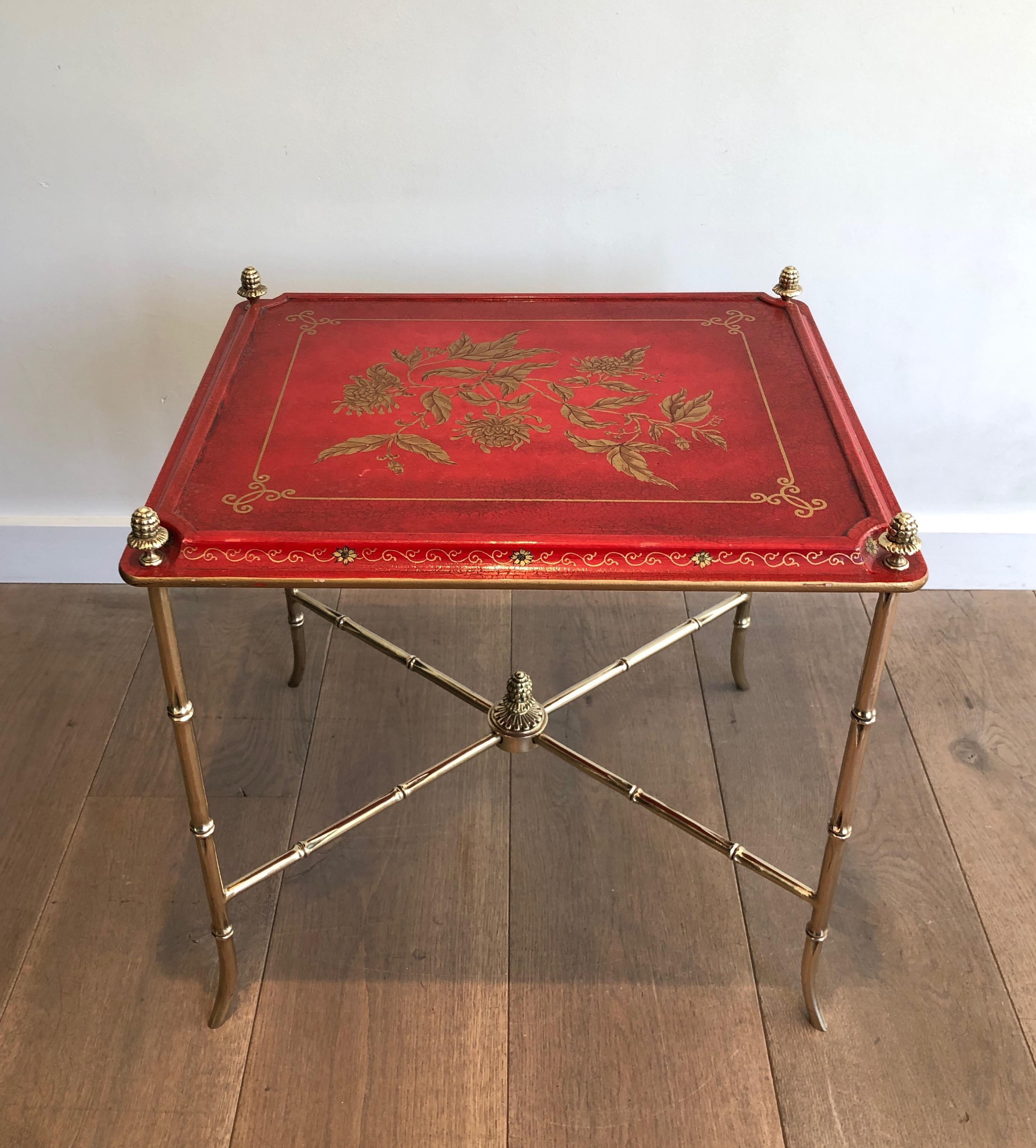 Faux-Bamboo Bronze Side Table with Red Lacquered and Gilt Decor Top, circa 1940 4