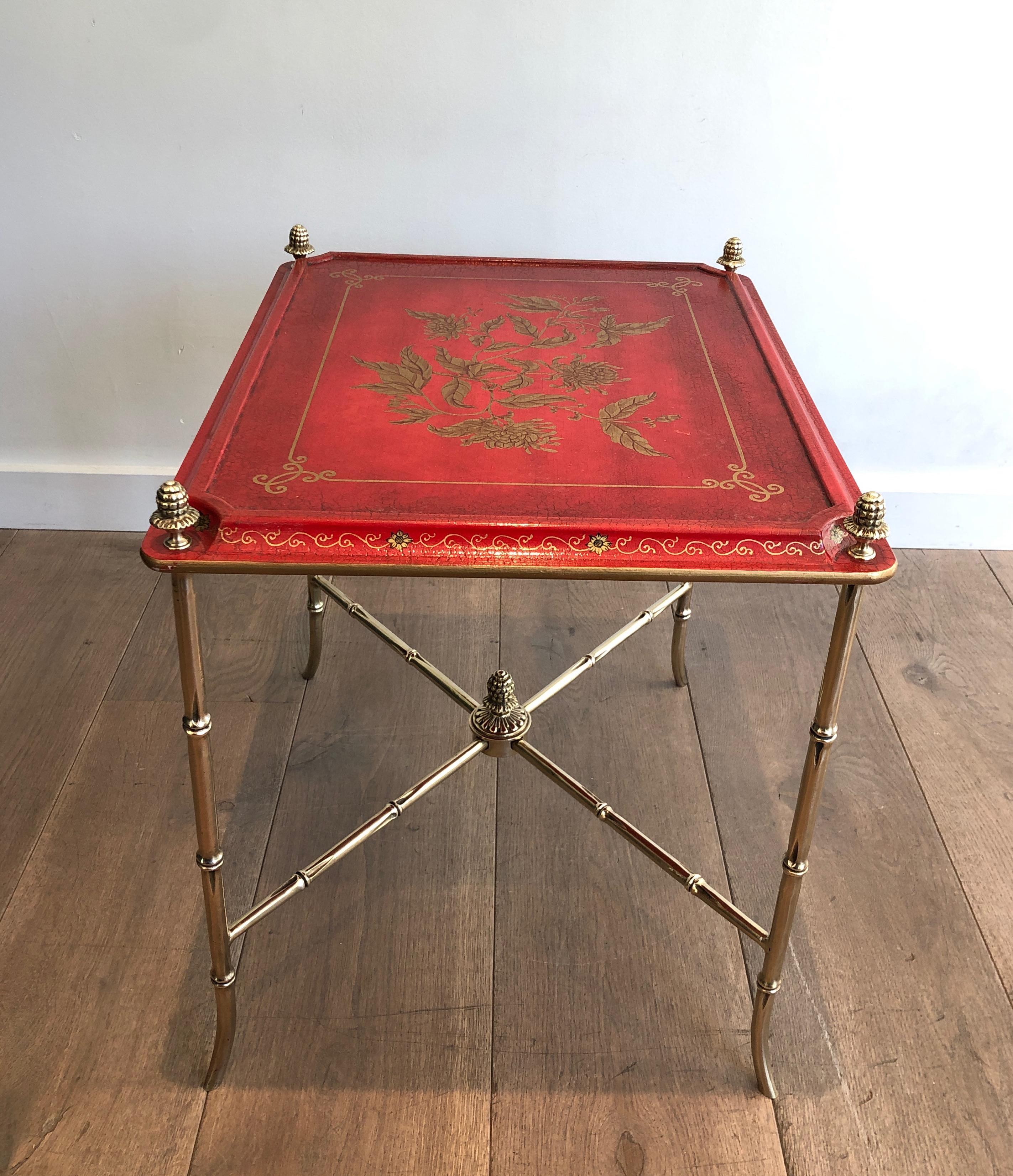 Faux-Bamboo Bronze Side Table with Red Lacquered and Gilt Decor Top, circa 1940 5