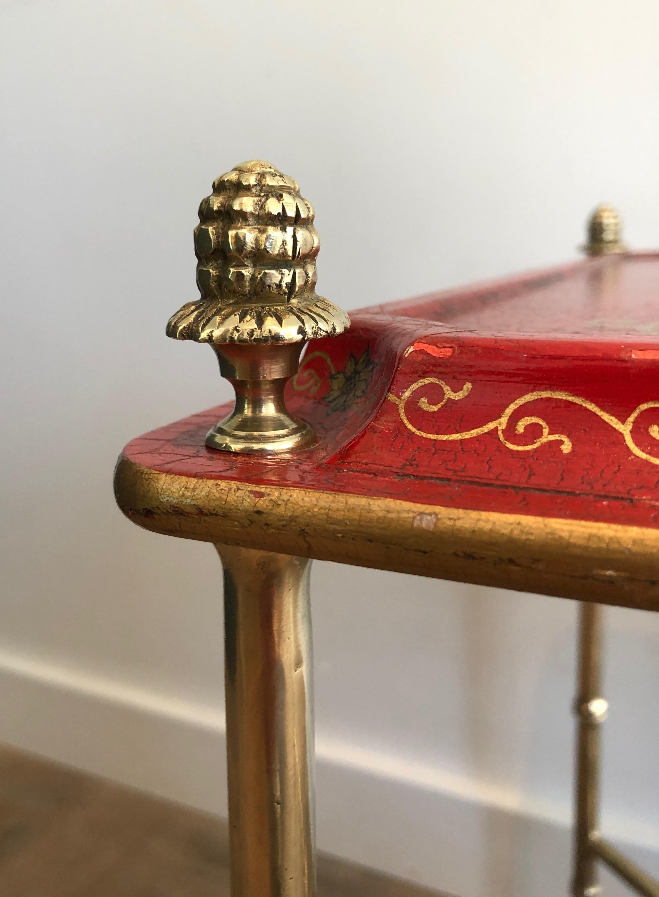 Faux-Bamboo Bronze Side Table with Red Lacquered and Gilt Decor Top, circa 1940 6