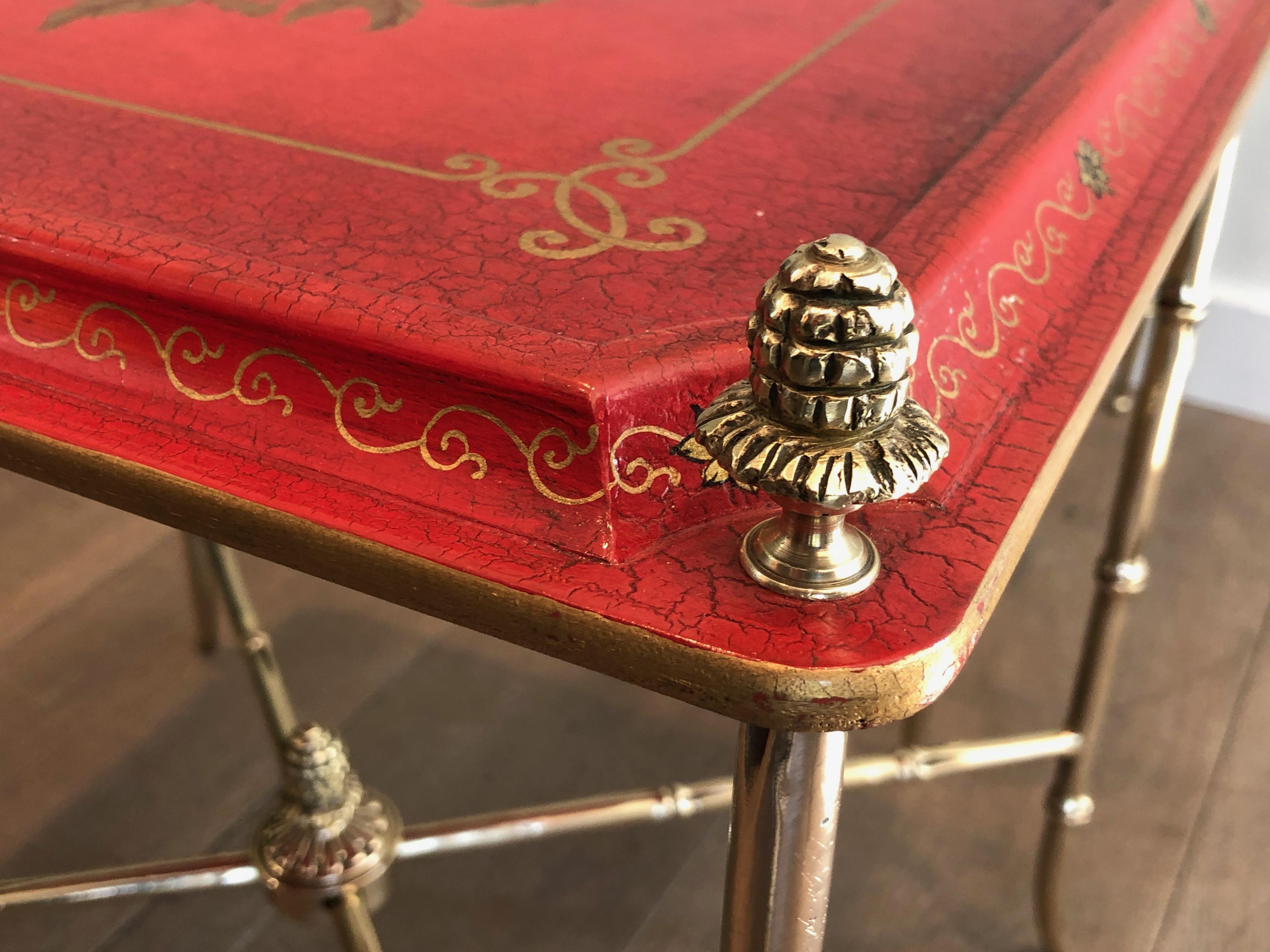 Faux-Bamboo Bronze Side Table with Red Lacquered and Gilt Decor Top, circa 1940 7