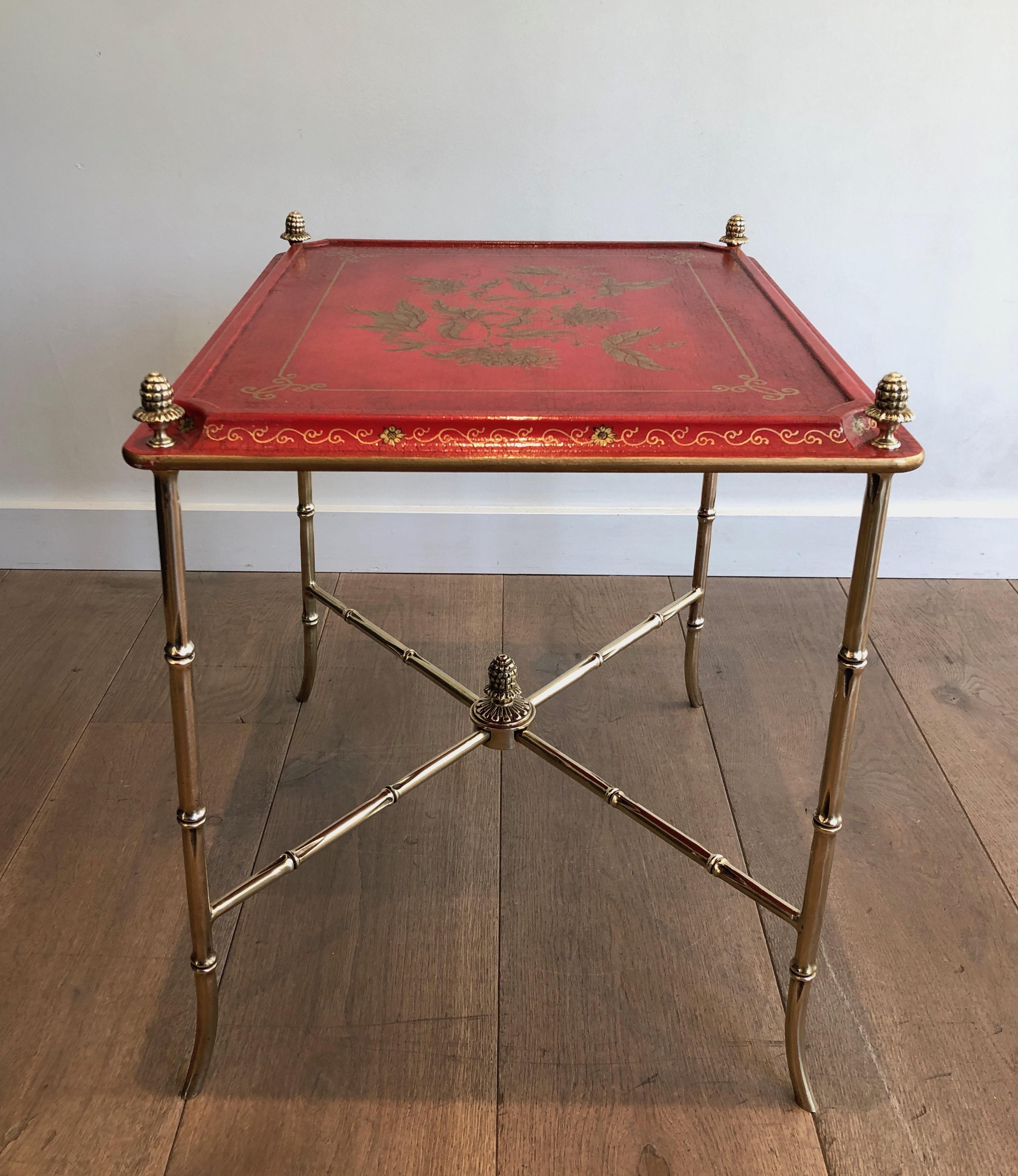 Faux-Bamboo Bronze Side Table with Red Lacquered and Gilt Decor Top, circa 1940 9
