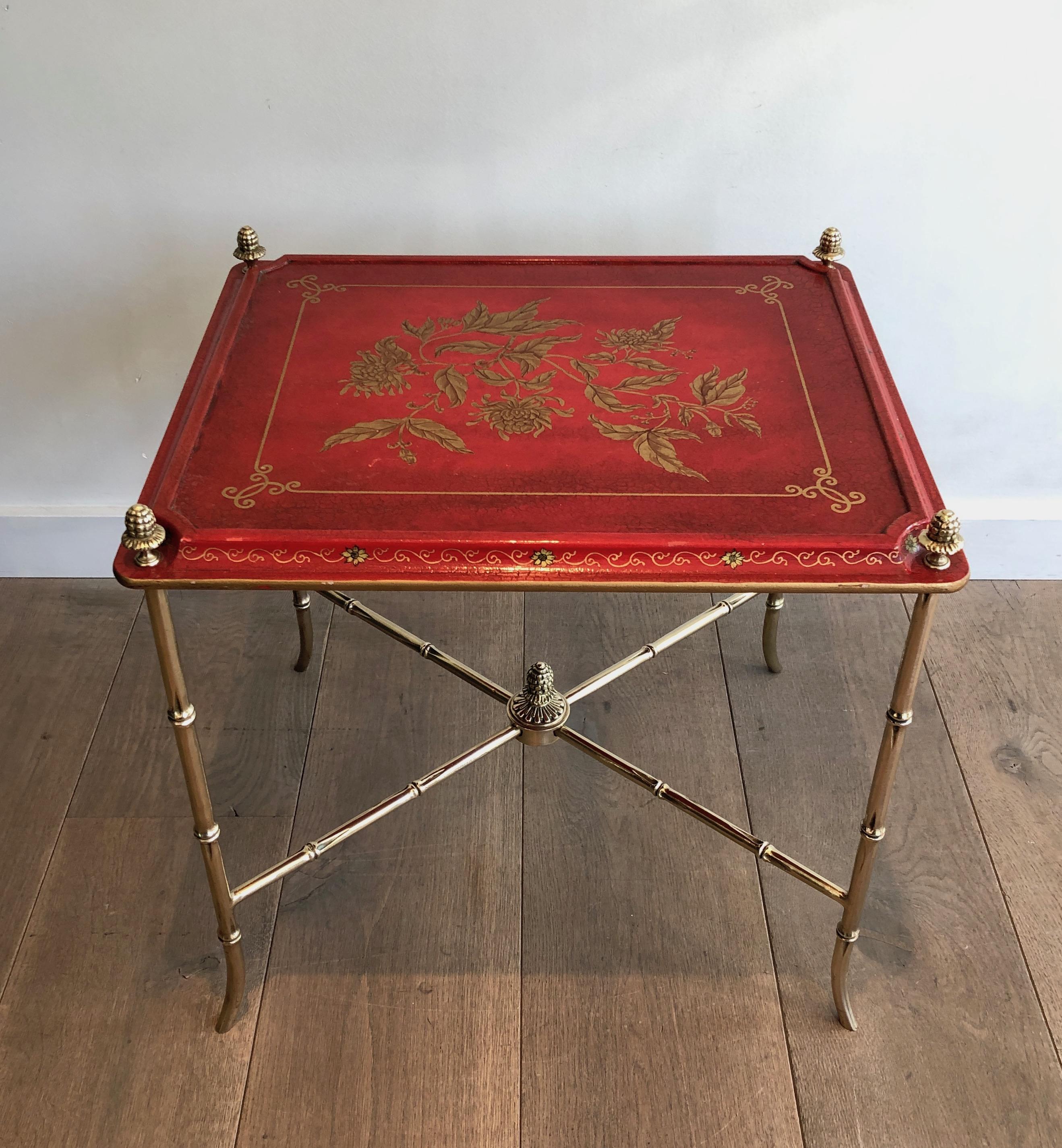 Faux-Bamboo Bronze Side Table with Red Lacquered and Gilt Decor Top, circa 1940 10