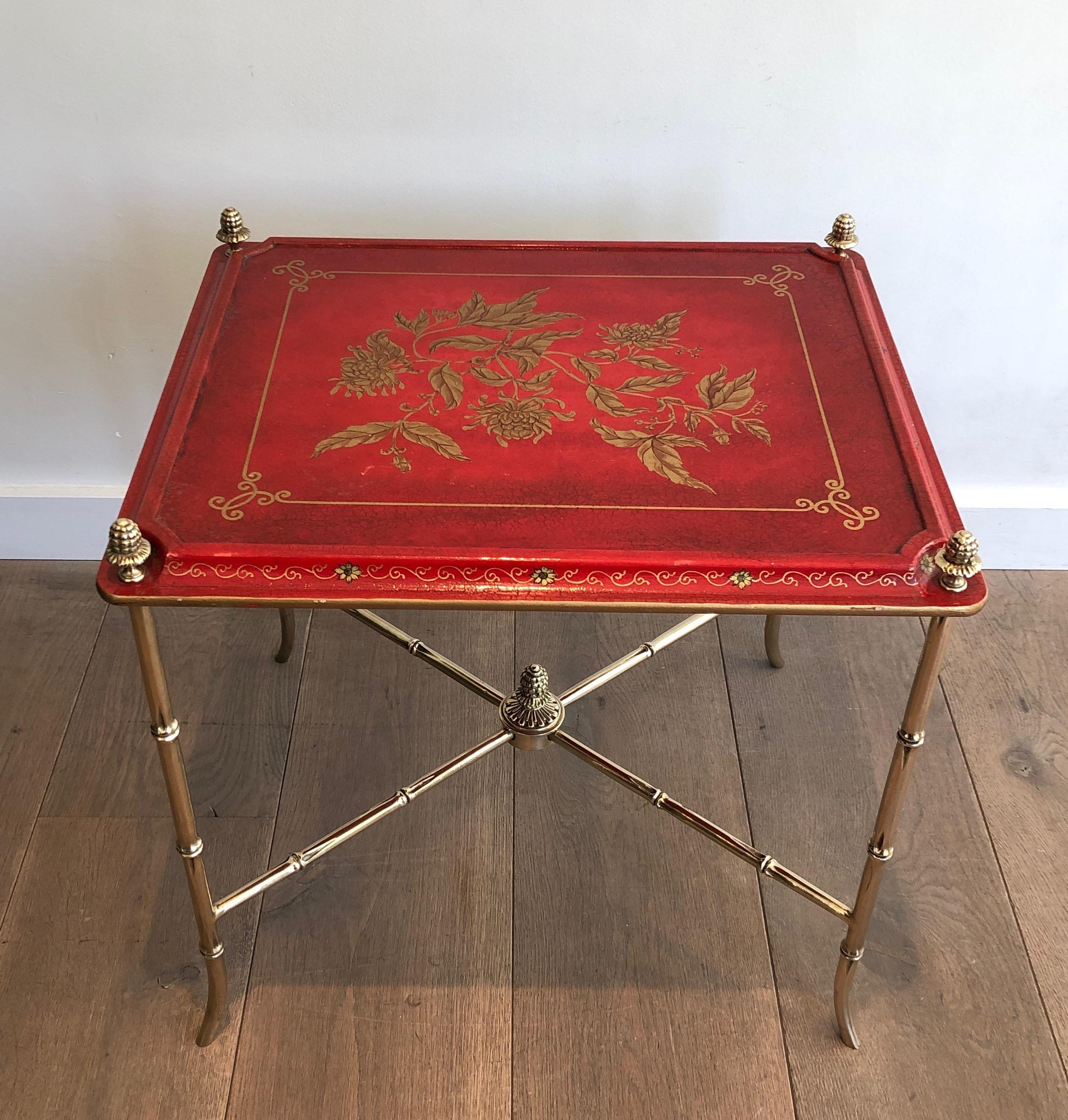 Neoclassical Faux-Bamboo Bronze Side Table with Red Lacquered and Gilt Decor Top, circa 1940