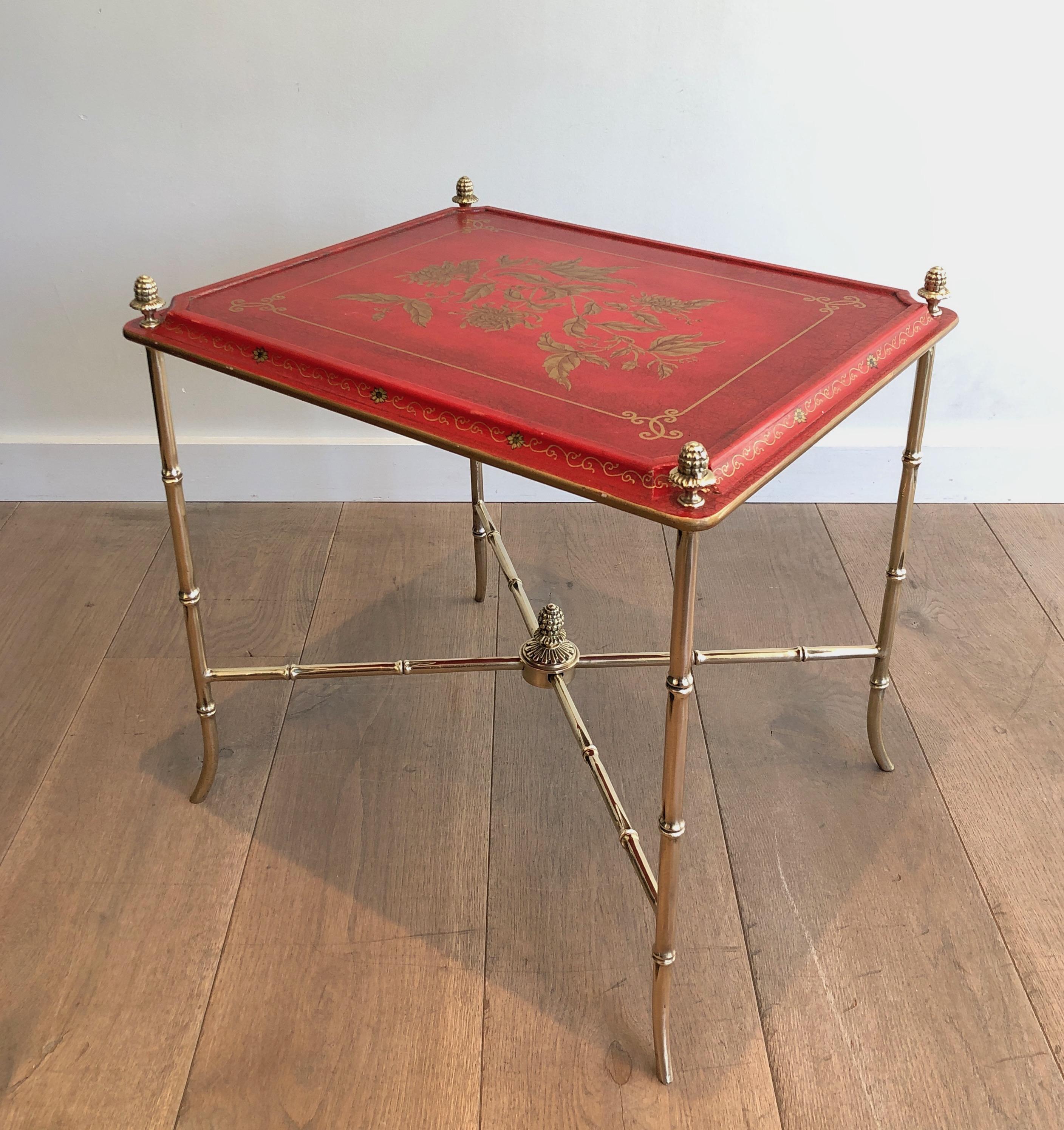 French Faux-Bamboo Bronze Side Table with Red Lacquered and Gilt Decor Top, circa 1940