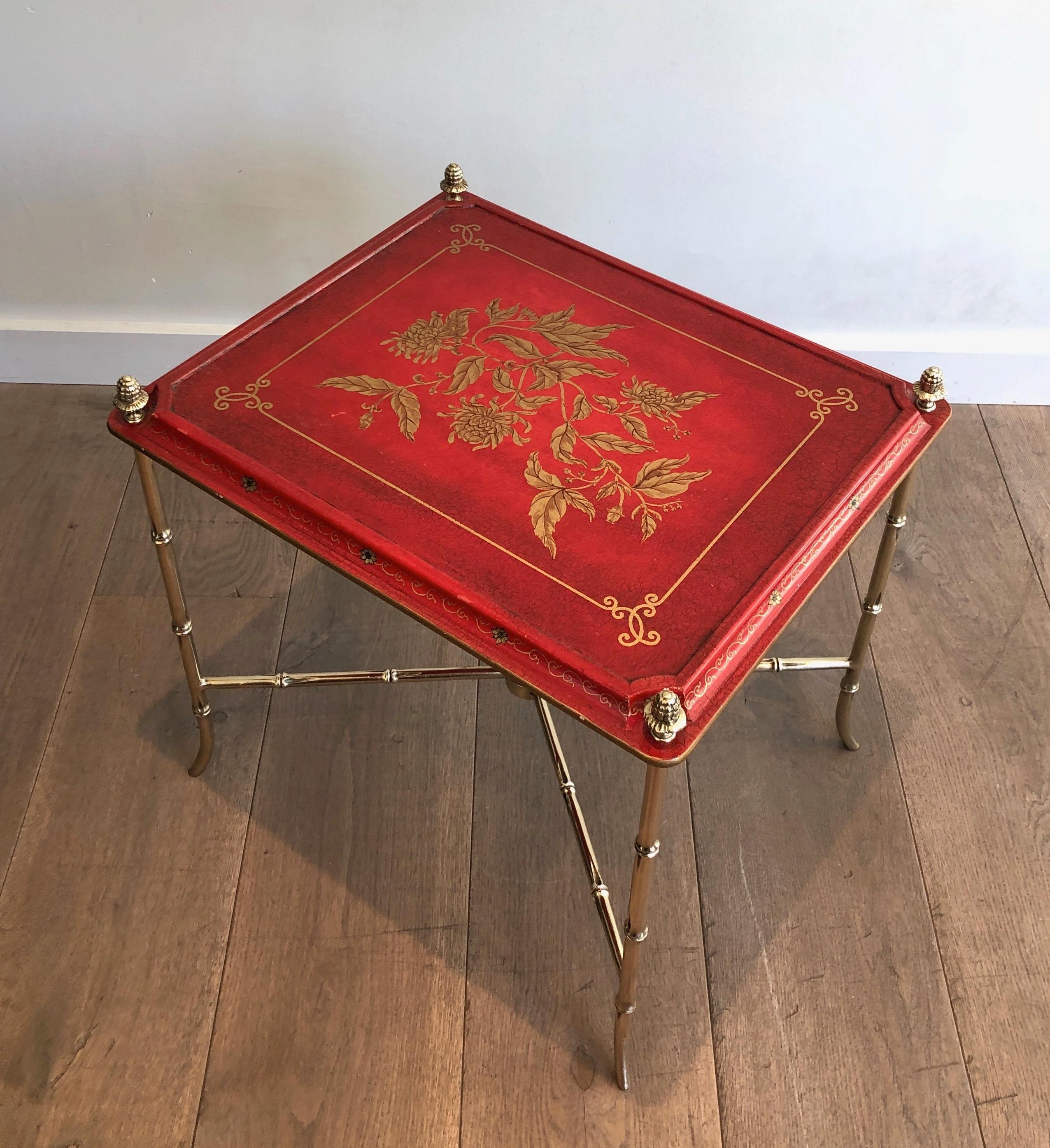 Faux-Bamboo Bronze Side Table with Red Lacquered and Gilt Decor Top, circa 1940 In Good Condition In Marcq-en-Barœul, Hauts-de-France